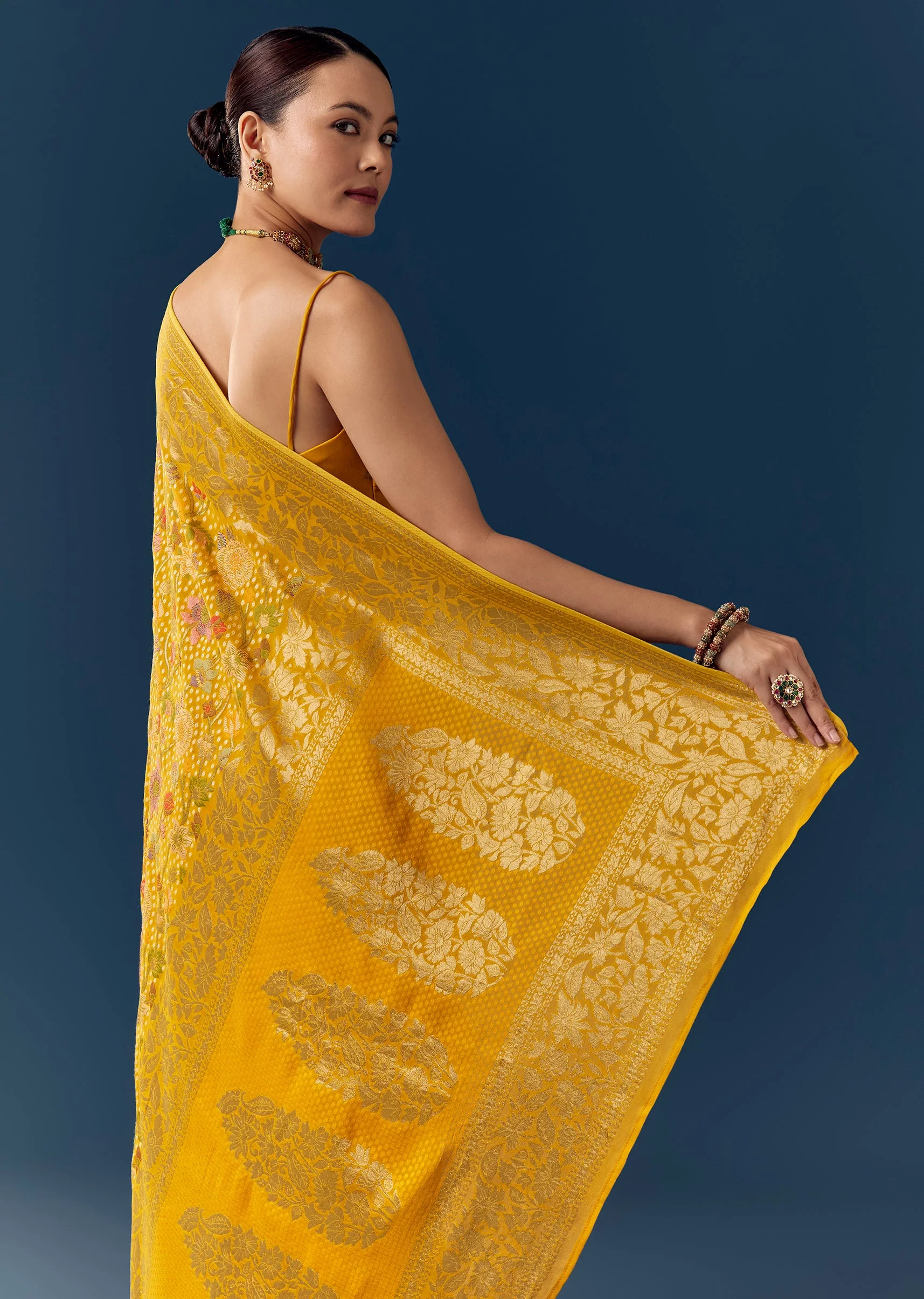 Mustard Jacquard Saree with Multicolour Floral Zari Weave - Image 6
