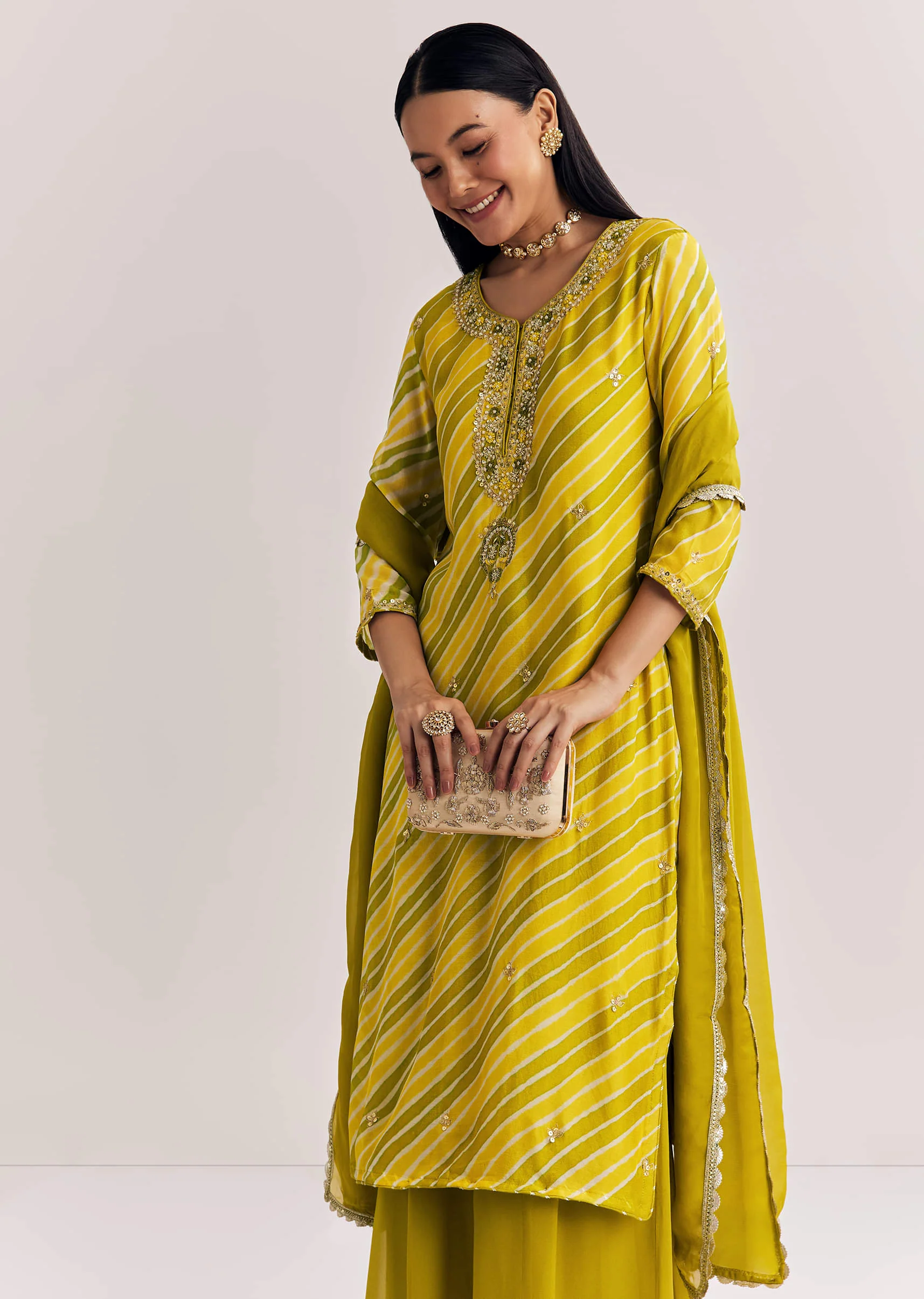 Mustard Leheriya Kurta Palazzo Suit With Cutdana And Sequins Work - Image 4