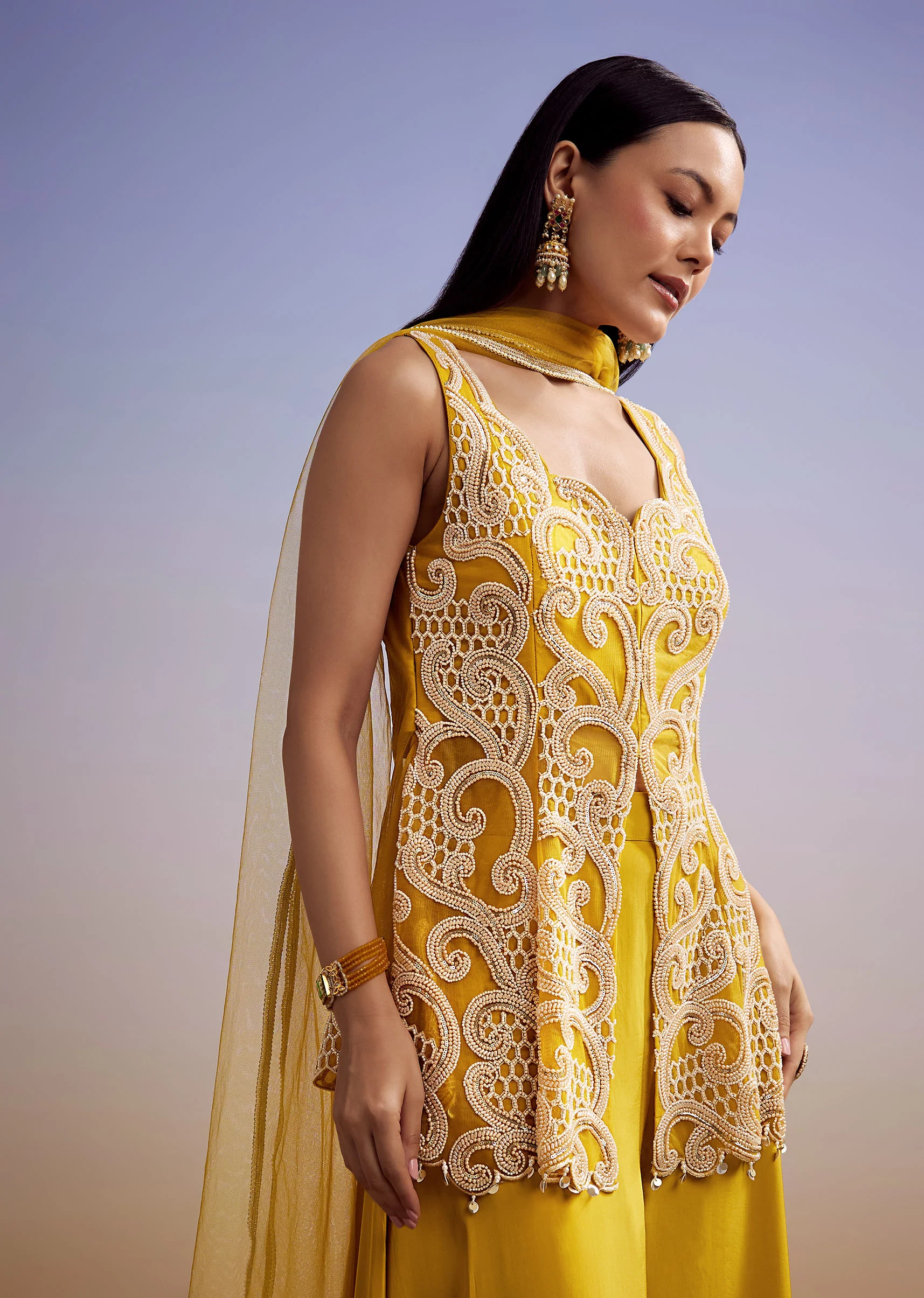 Mustard Net Palazzo Suit With Moti And Cut Dana Work - Image 4