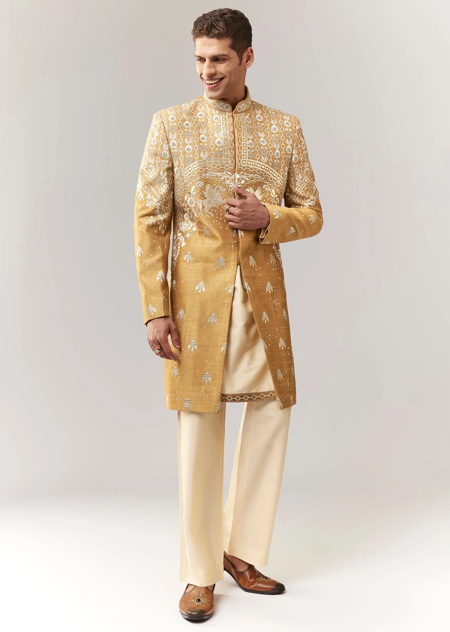 Mustard Raw Silk Indo Western With Applique And Resham Work - Image 3
