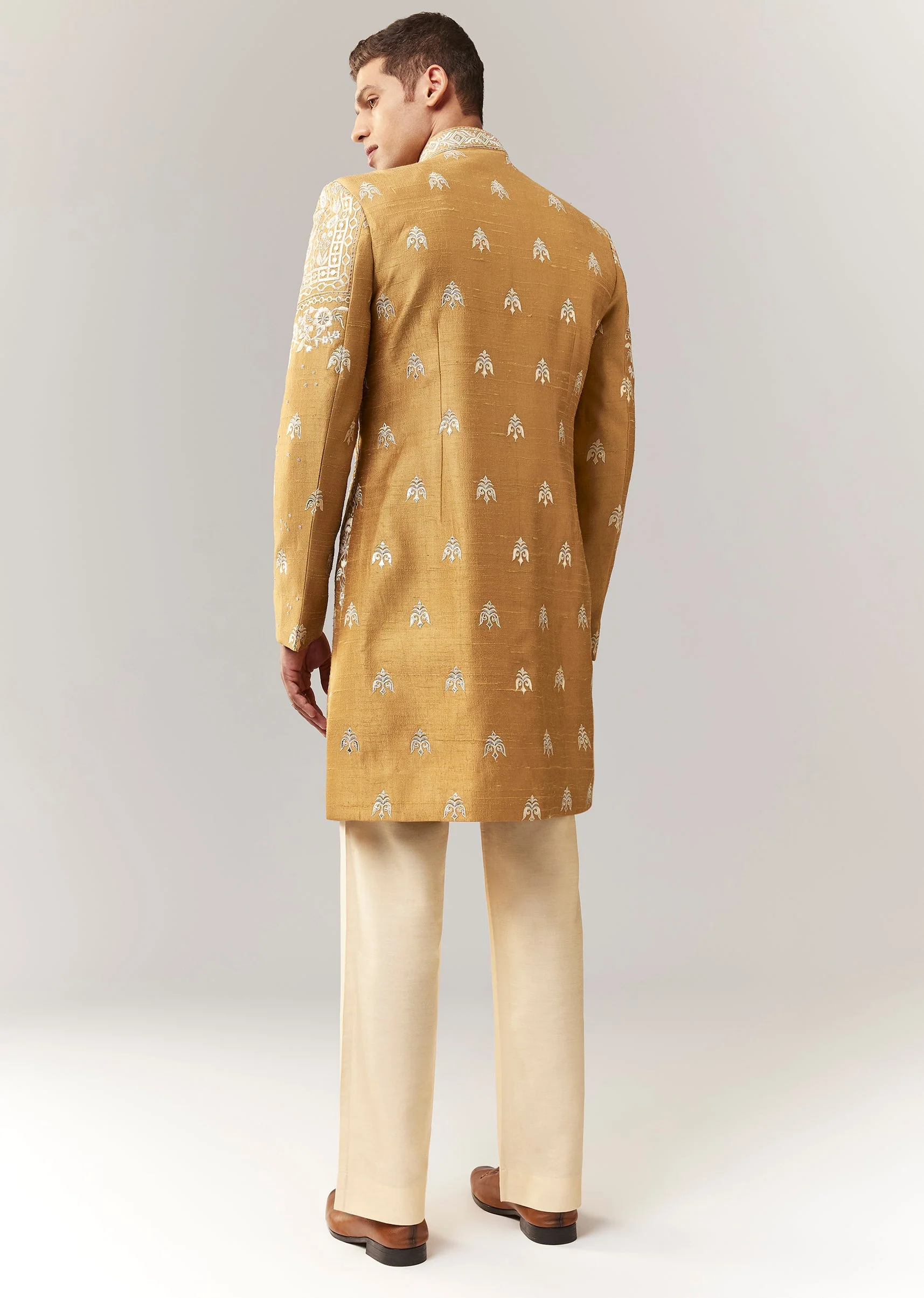 Mustard Raw Silk Indo Western With Applique And Resham Work - Image 5