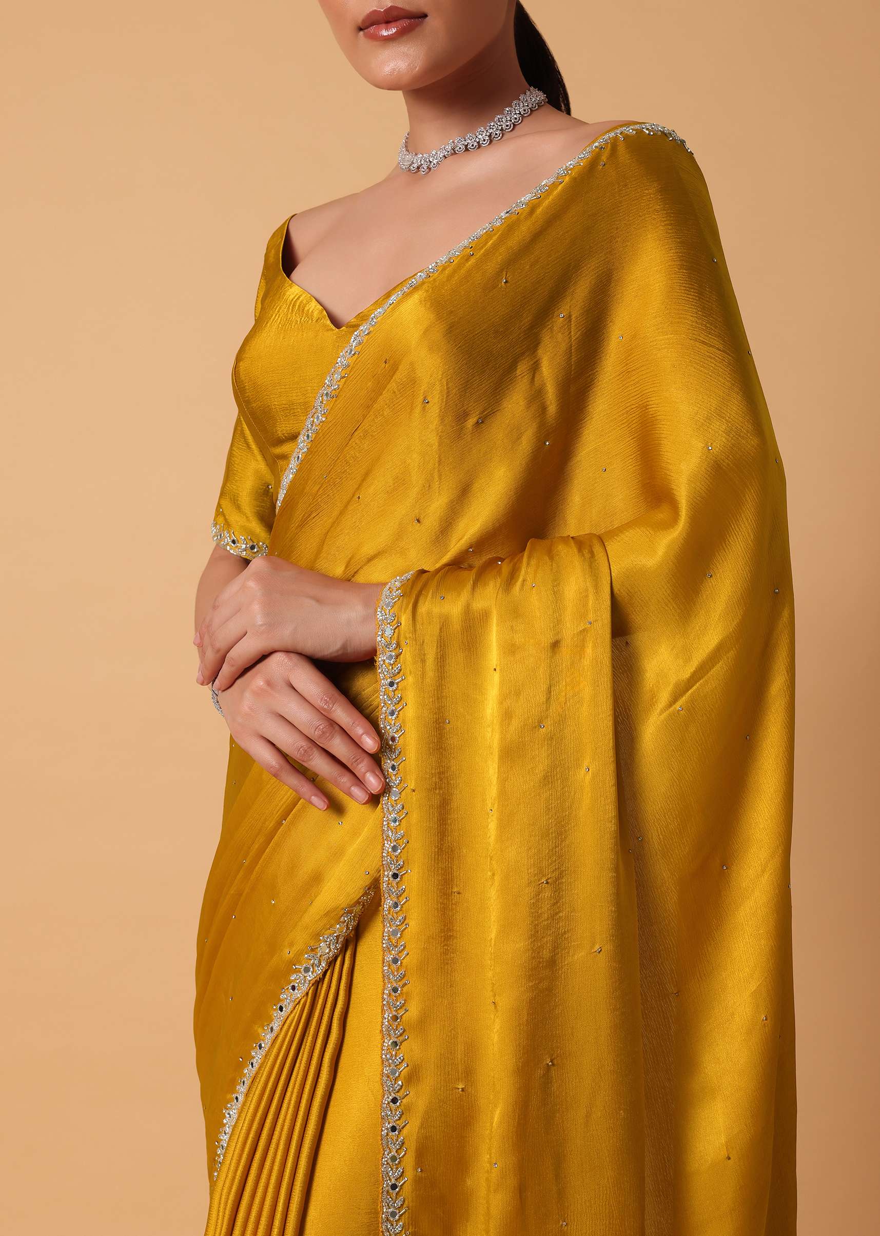 Mustard Satin Chinnon Saree With Mirror Detail Border And Unstitched Blouse Piece - Image 5