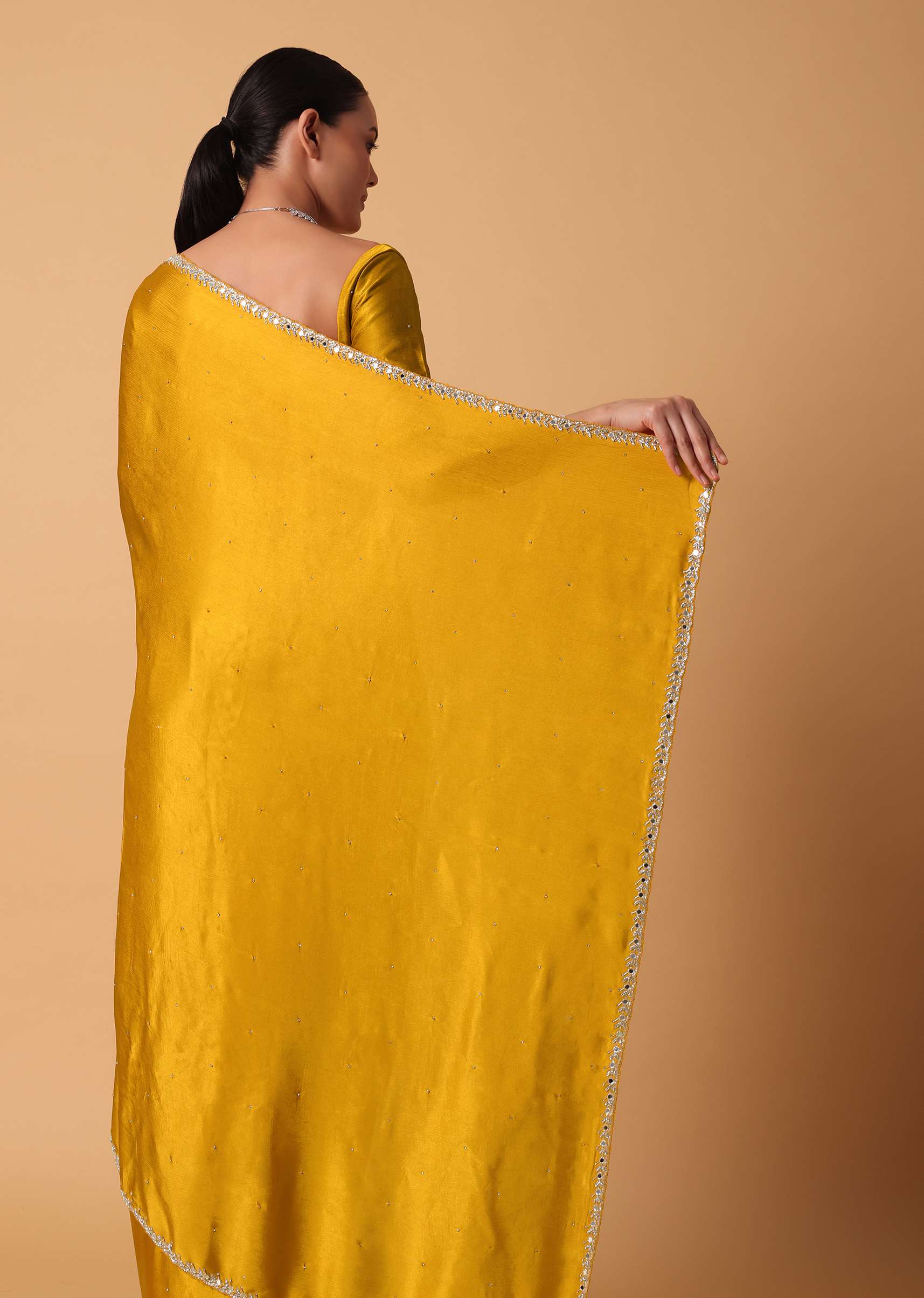 Mustard Satin Chinnon Saree With Mirror Detail Border And Unstitched Blouse Piece - Image 6
