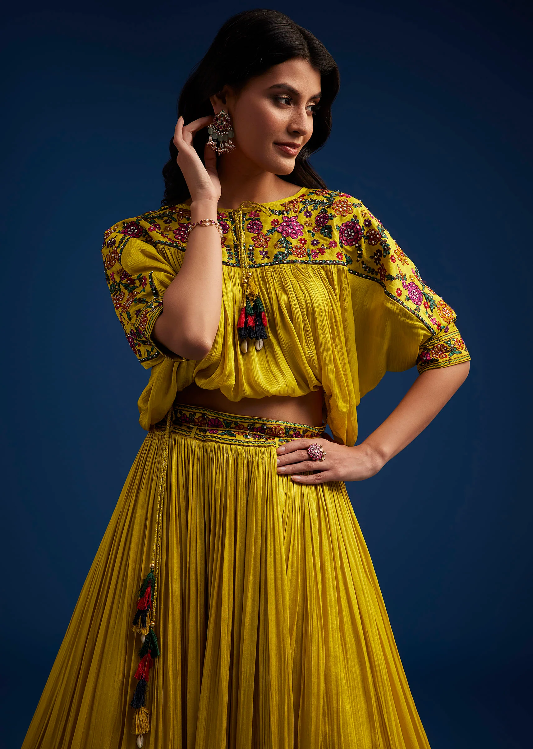 Mustard Silk Blend Crop Top And Skirt With Resham Work - Image 2