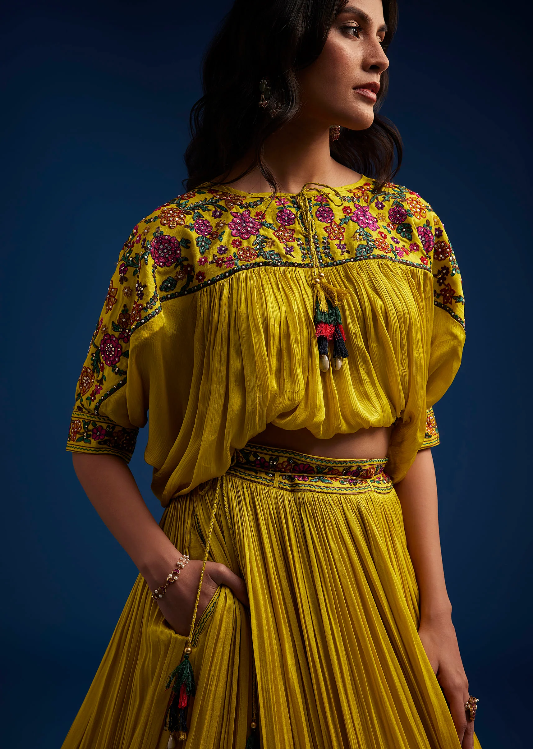 Mustard Silk Blend Crop Top And Skirt With Resham Work - Image 4