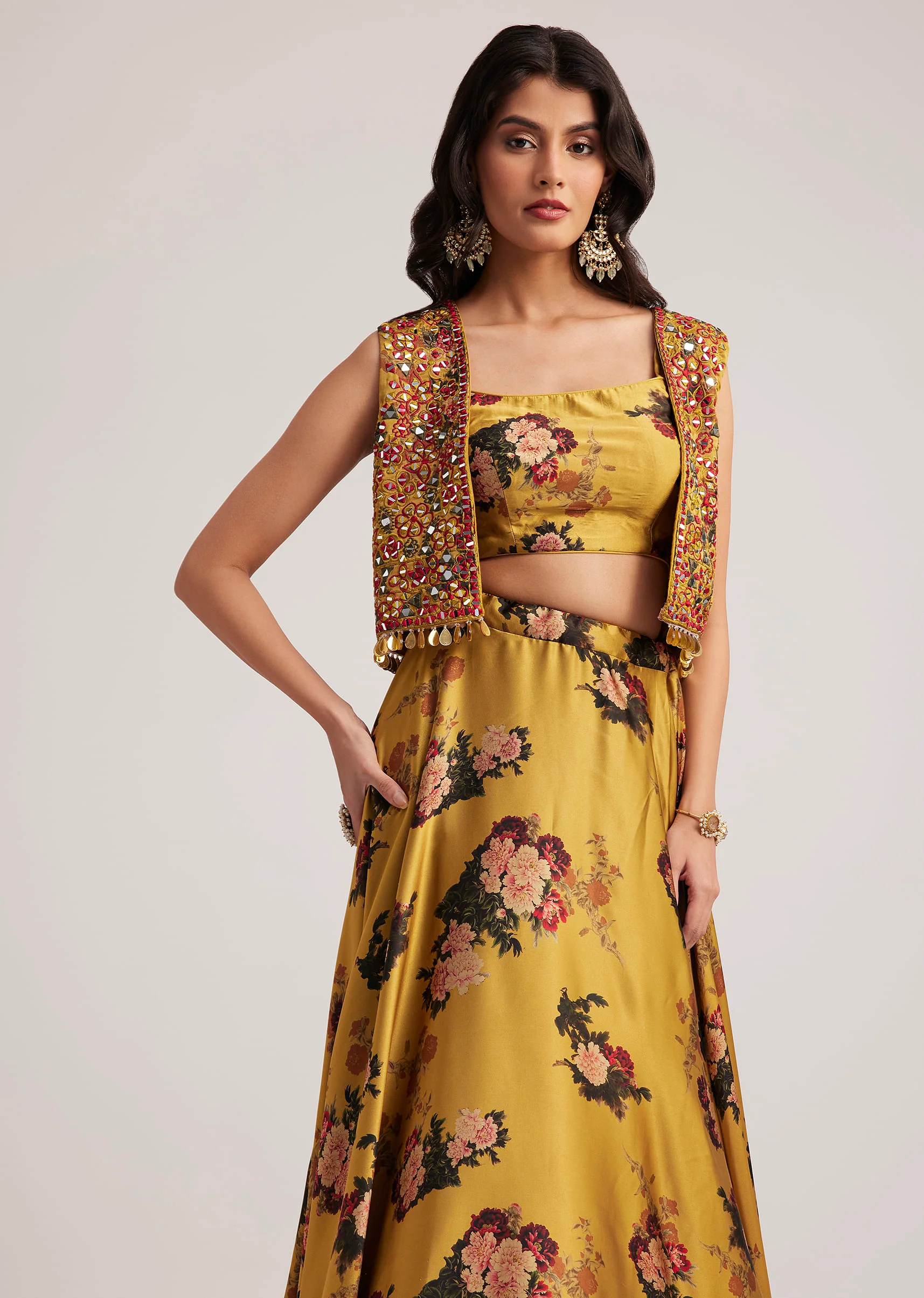 Mustard Silk Floral Skirt Set With Jacket And Mirror Work - Image 2