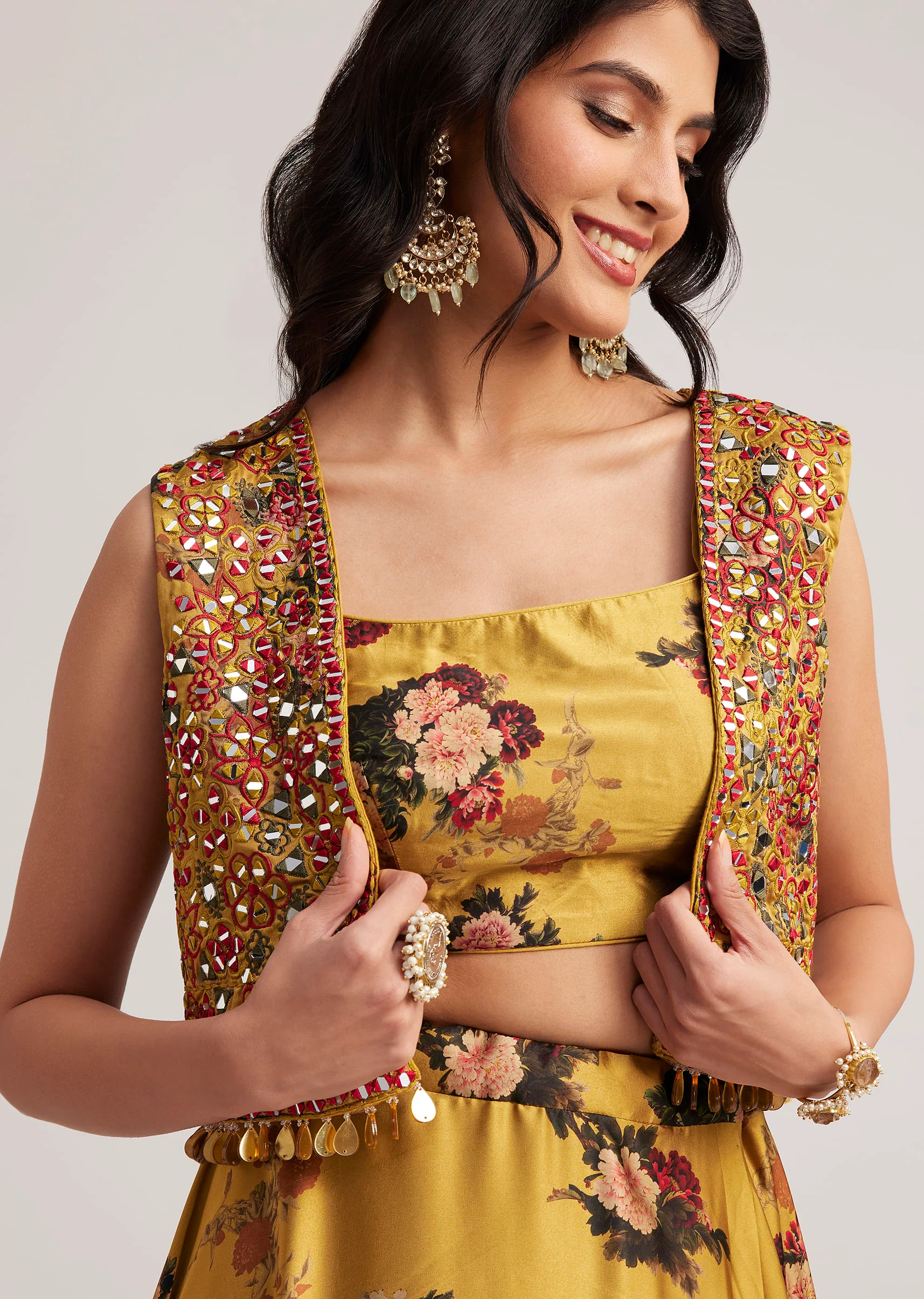 Mustard Silk Floral Skirt Set With Jacket And Mirror Work - Image 4
