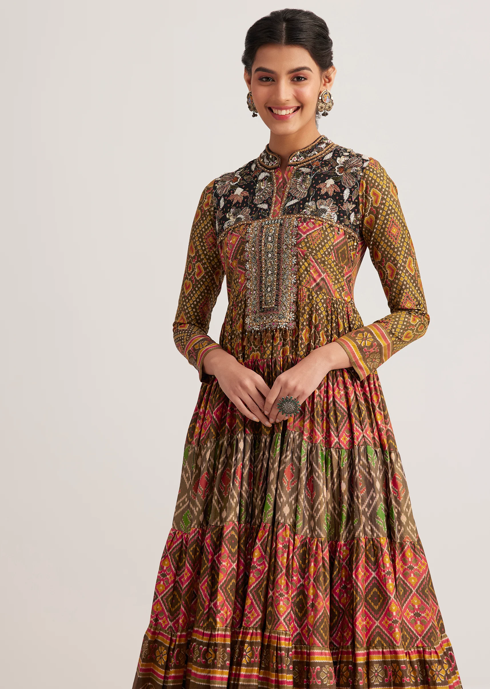 Mustard Silk Kurti With Multicolor Patola Print - Image 4