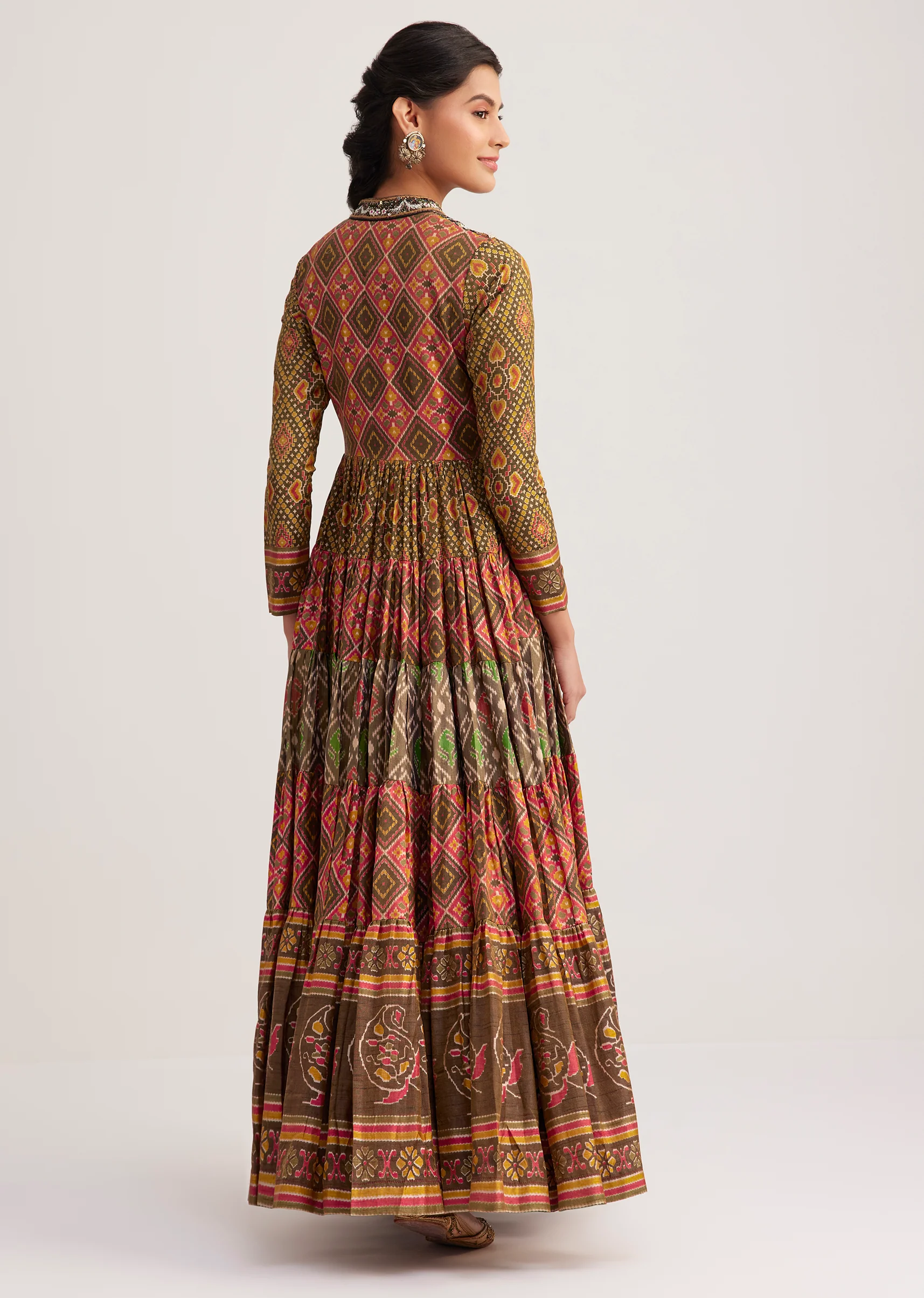 Mustard Silk Kurti With Multicolor Patola Print - Image 5