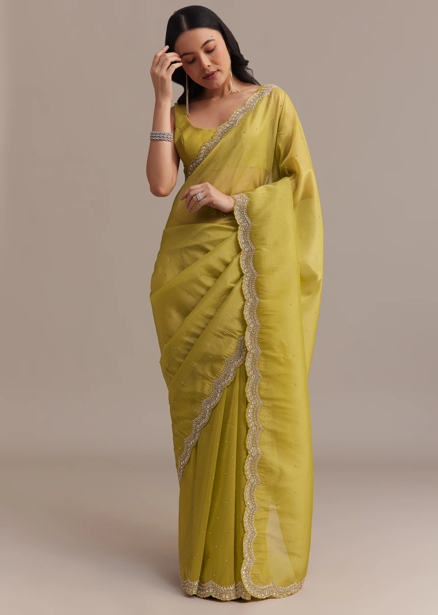 Mustard Tissue Organza Saree With Sequins Embellished Border - Image 3
