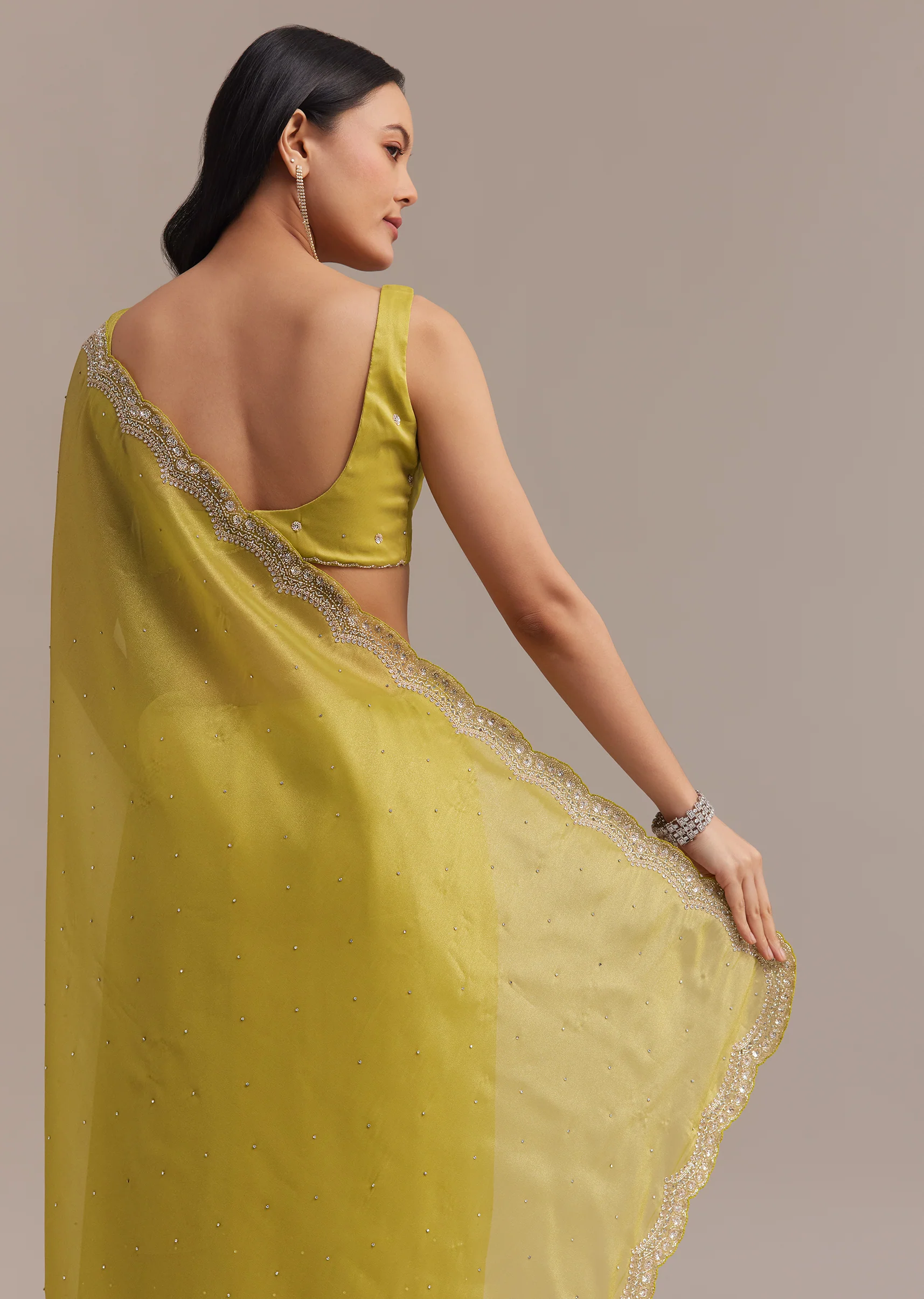 Mustard Tissue Organza Saree With Sequins Embellished Border - Image 4