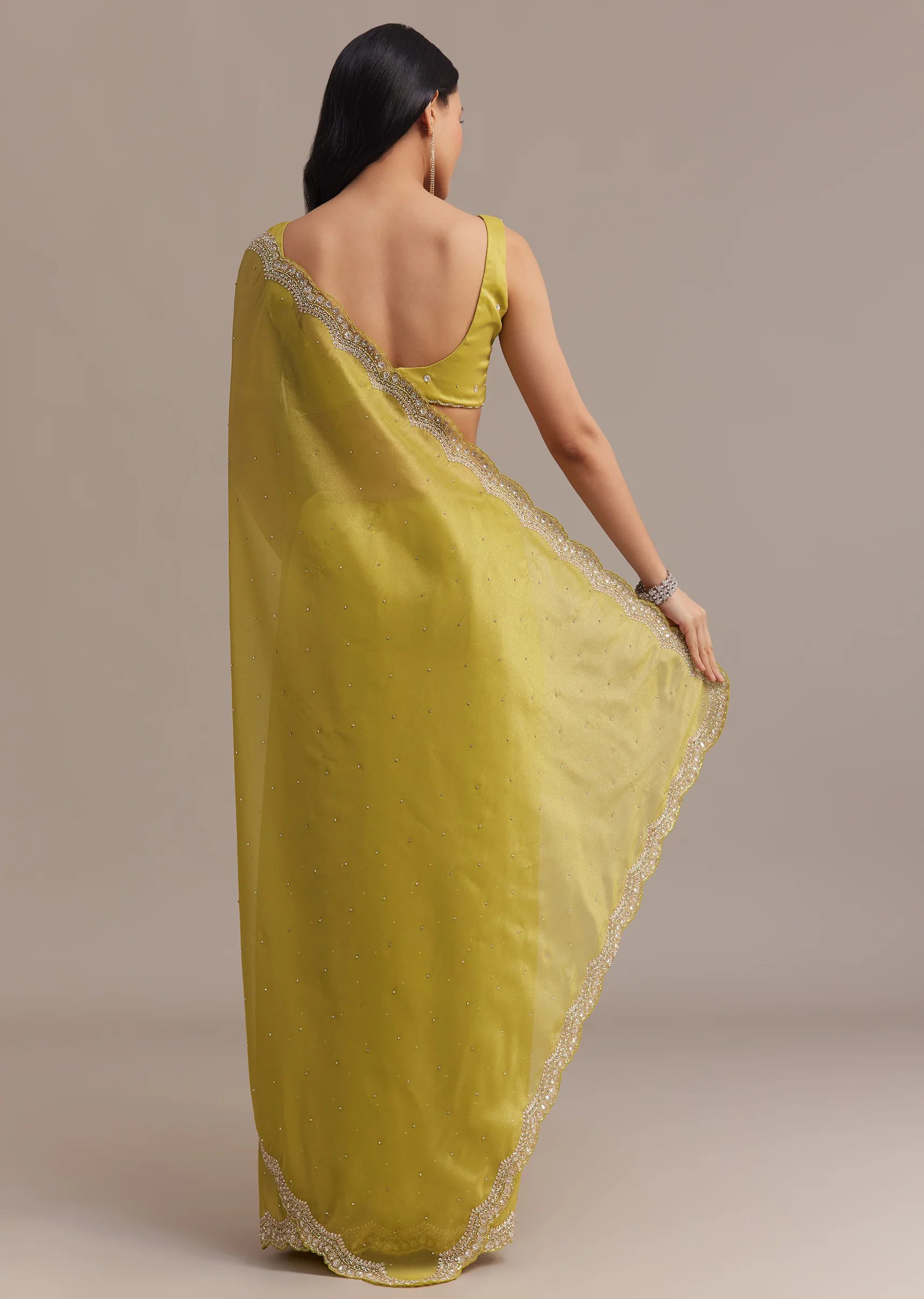 Mustard Tissue Organza Saree With Sequins Embellished Border - Image 6