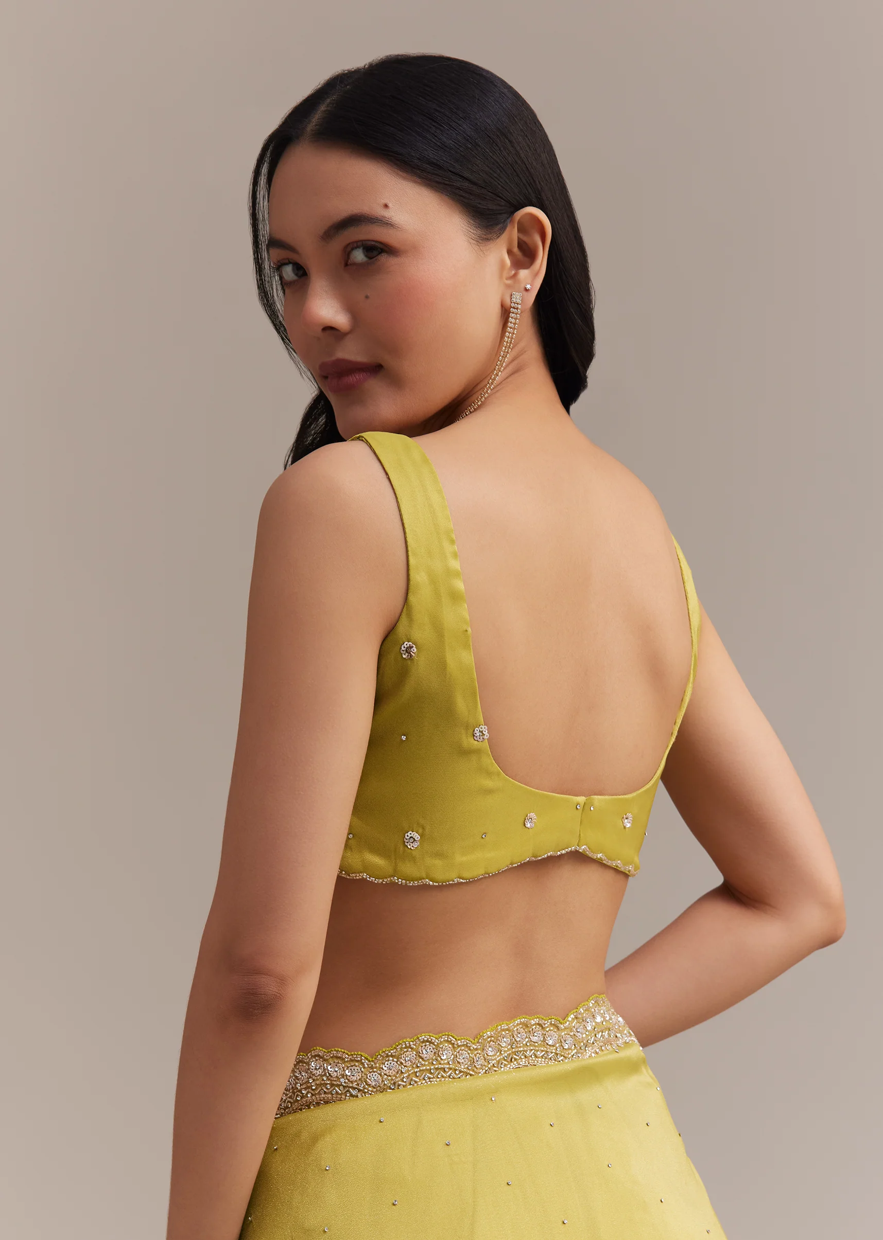 Mustard Tissue Organza Saree With Sequins Embellished Border - Image 8