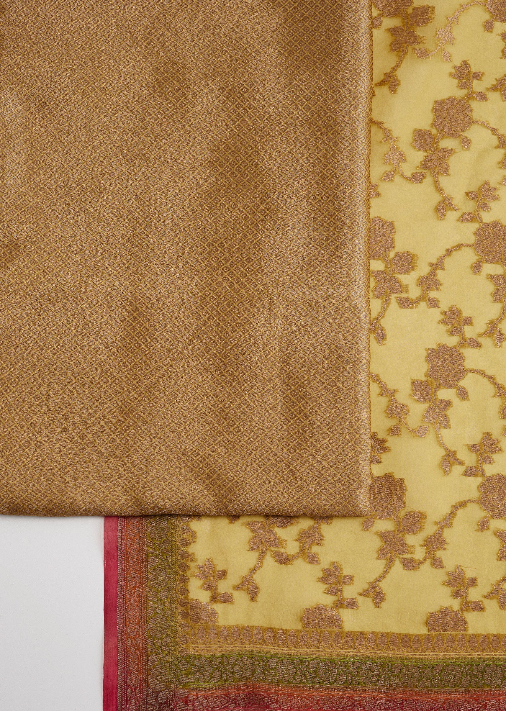 Mustard Yellow Banarasi Silk Unstitched Suit Set With Dupatta - Image 3