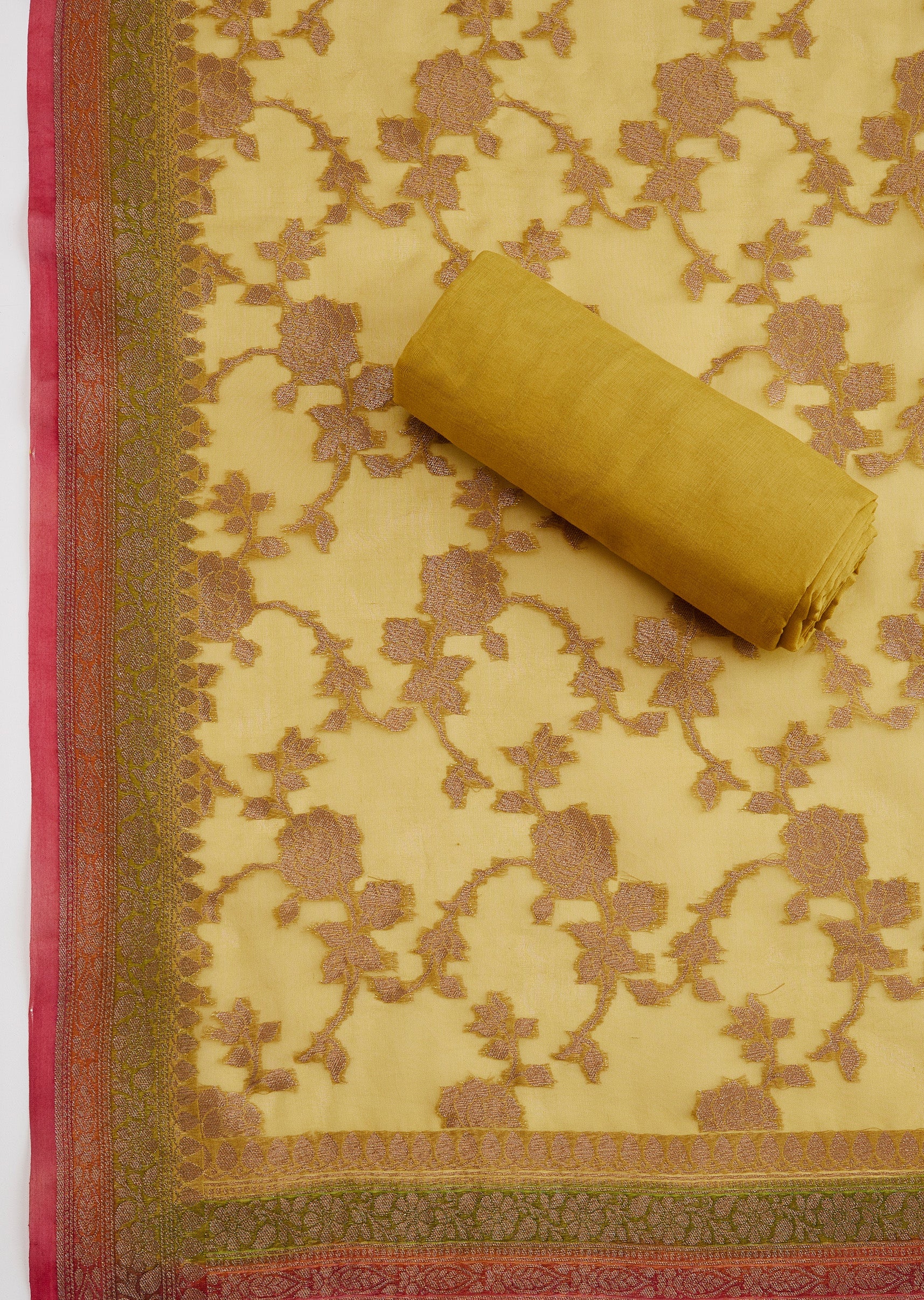 Mustard Yellow Banarasi Silk Unstitched Suit Set With Dupatta - Image 4