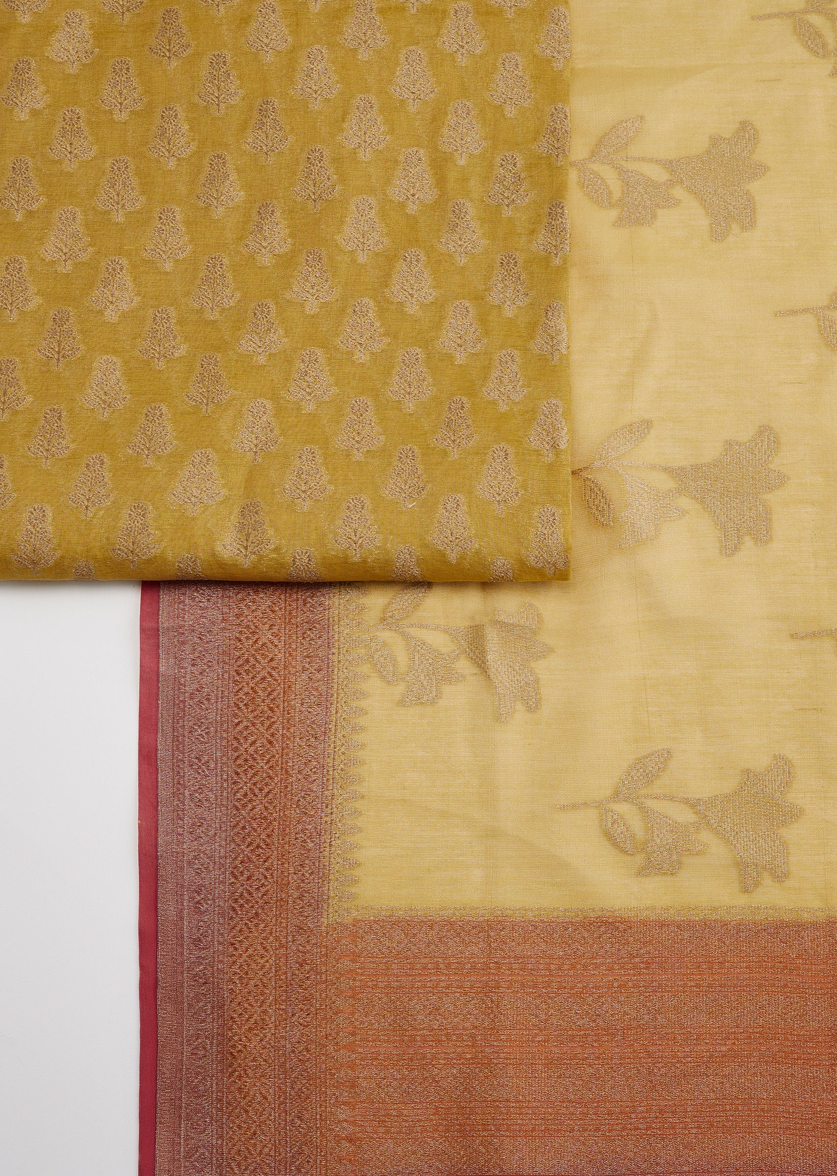 Mustard Yellow Banarasi Silk Unstitched Suit With Dupatta - Image 3