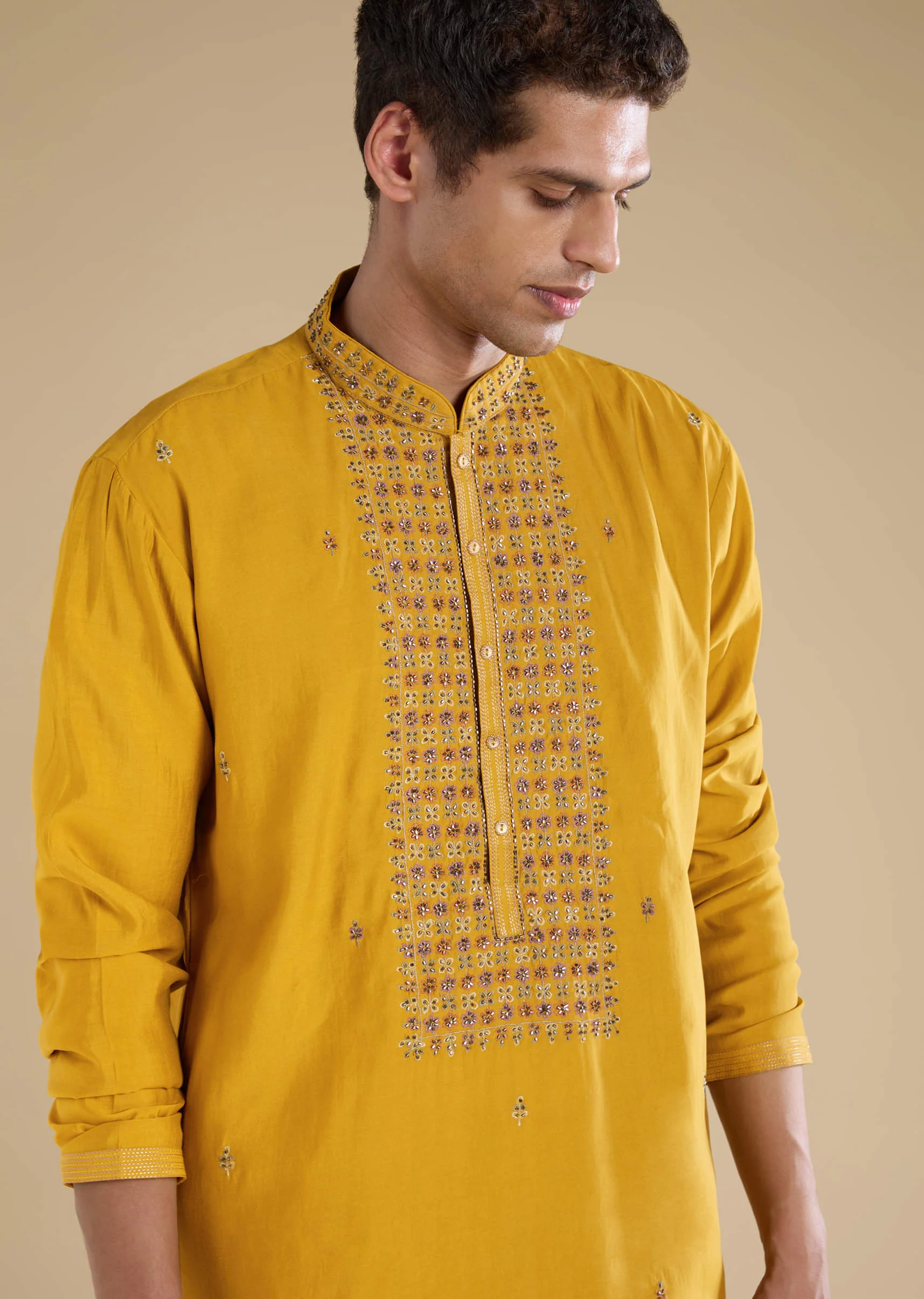 Mustard Yellow Bead Embellished Mens Kurta and Pant Set - Image 2