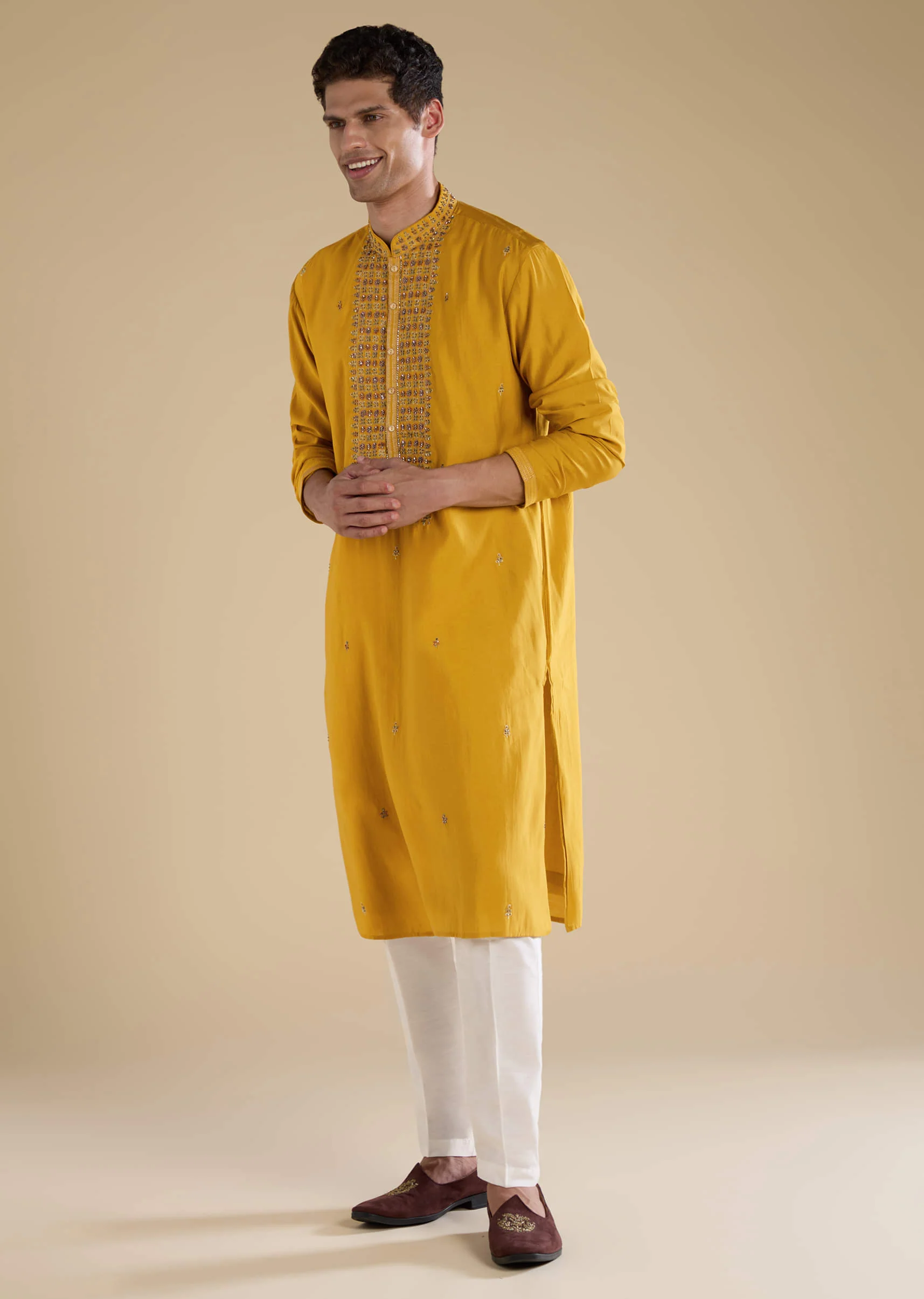 Mustard Yellow Bead Embellished Mens Kurta and Pant Set - Image 3