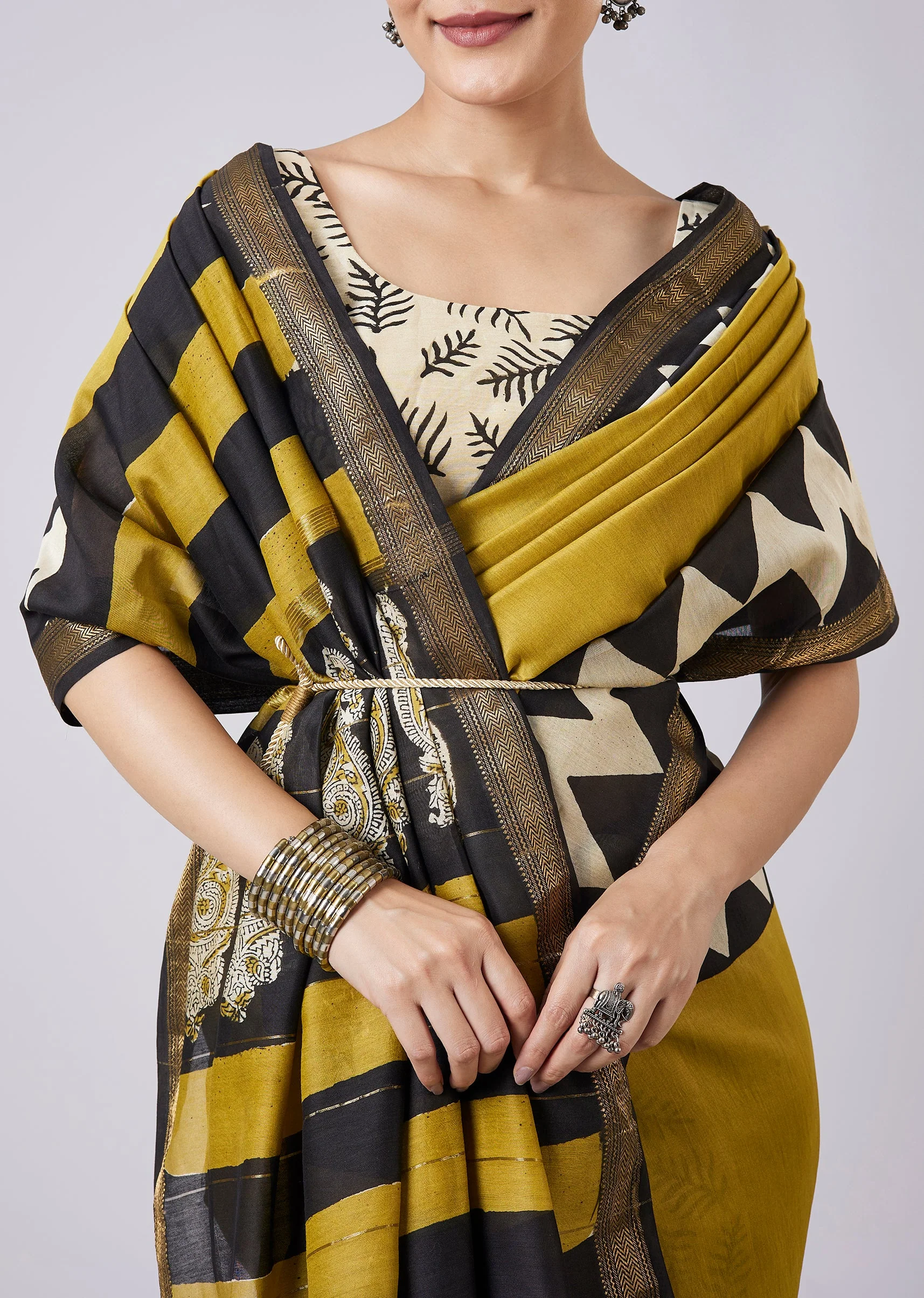 Mustard Yellow Block Printed Saree with Unstitched Blouse - Image 2