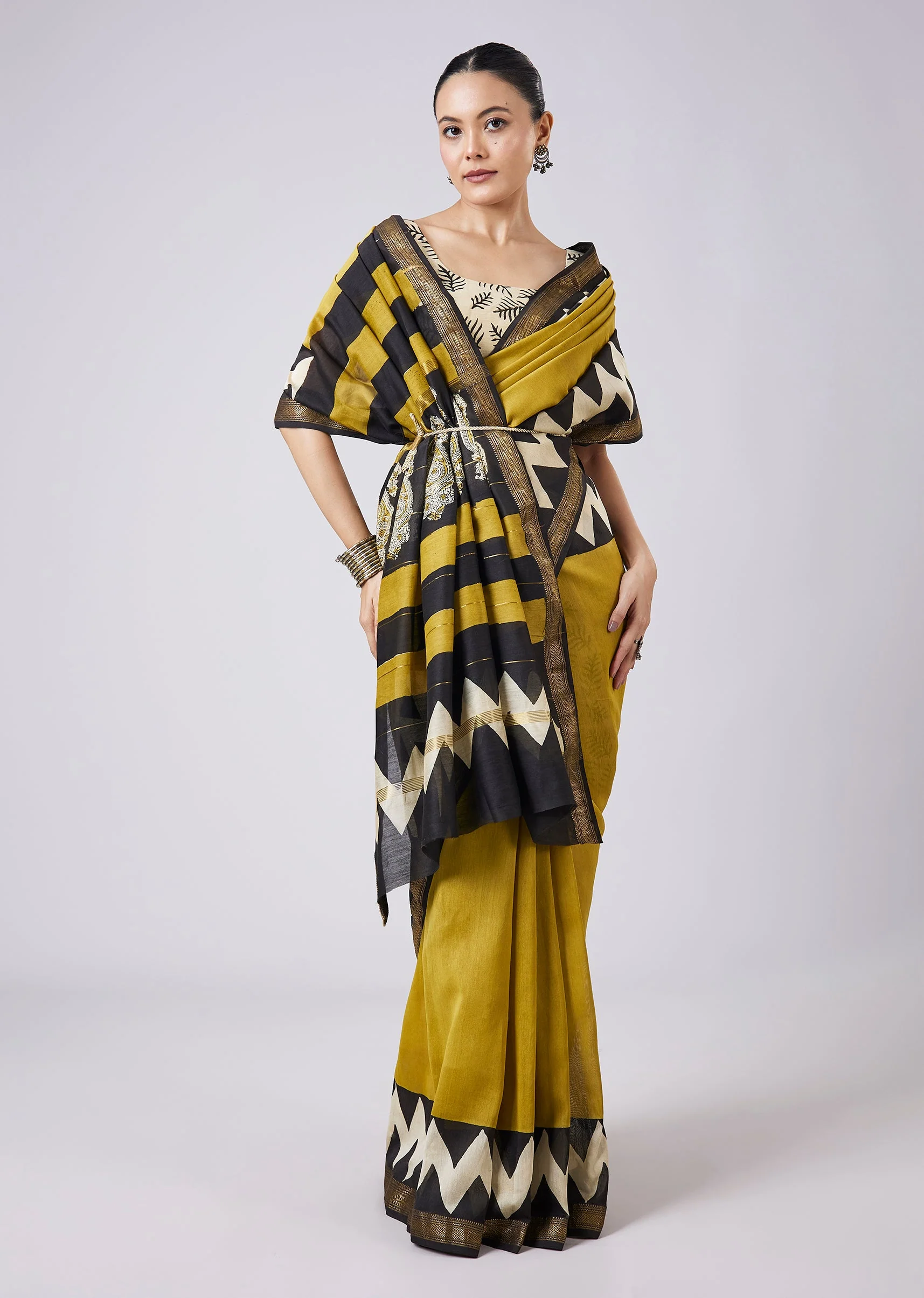 Mustard Yellow Block Printed Saree with Unstitched Blouse - Image 3