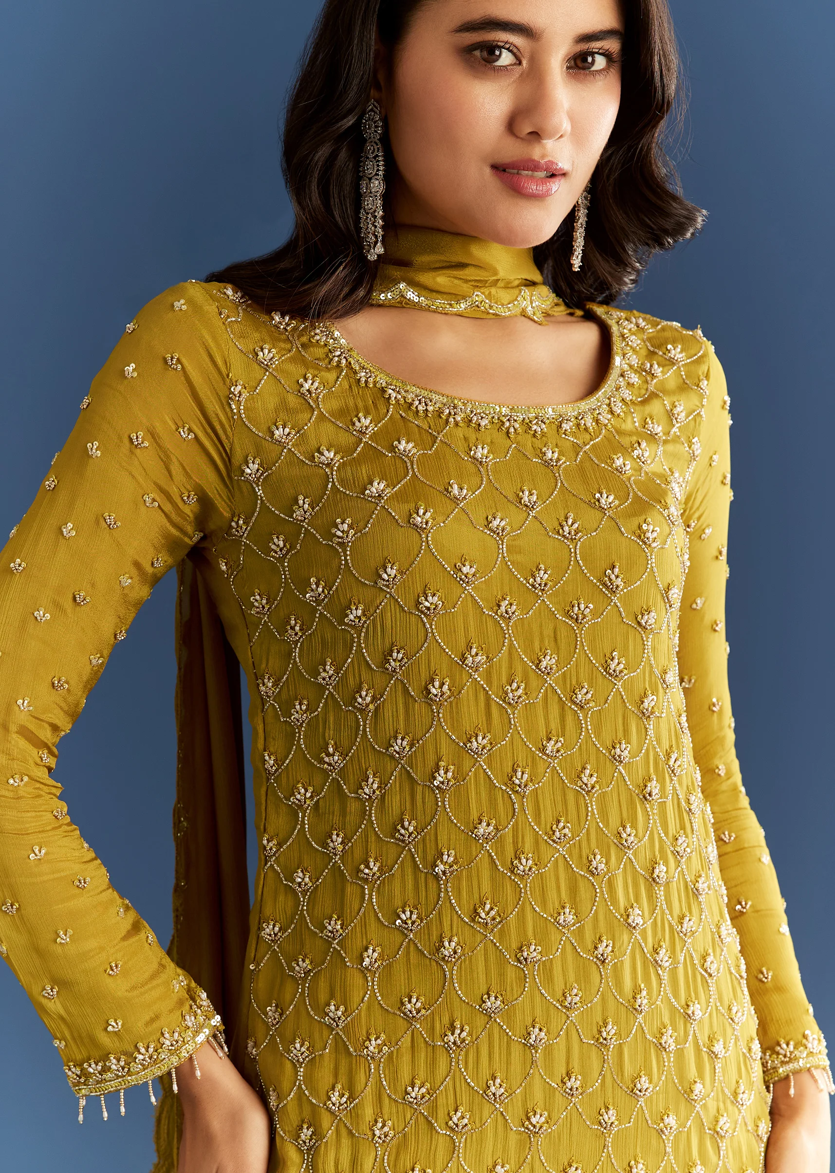 Mustard Yellow Chinon Kurta With Sharara And Dupatta - Image 2