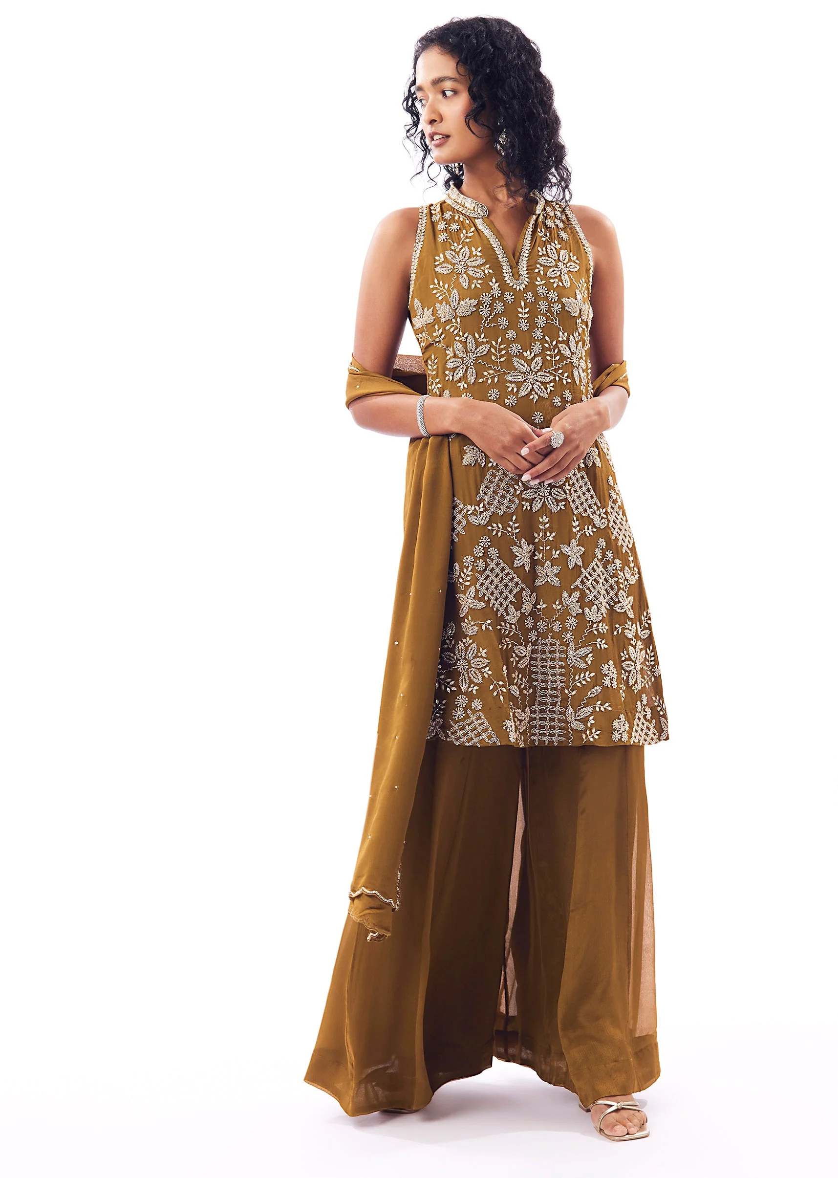 Mustard Yellow Chinon Palazzo Set With Bead Detailing - Image 3