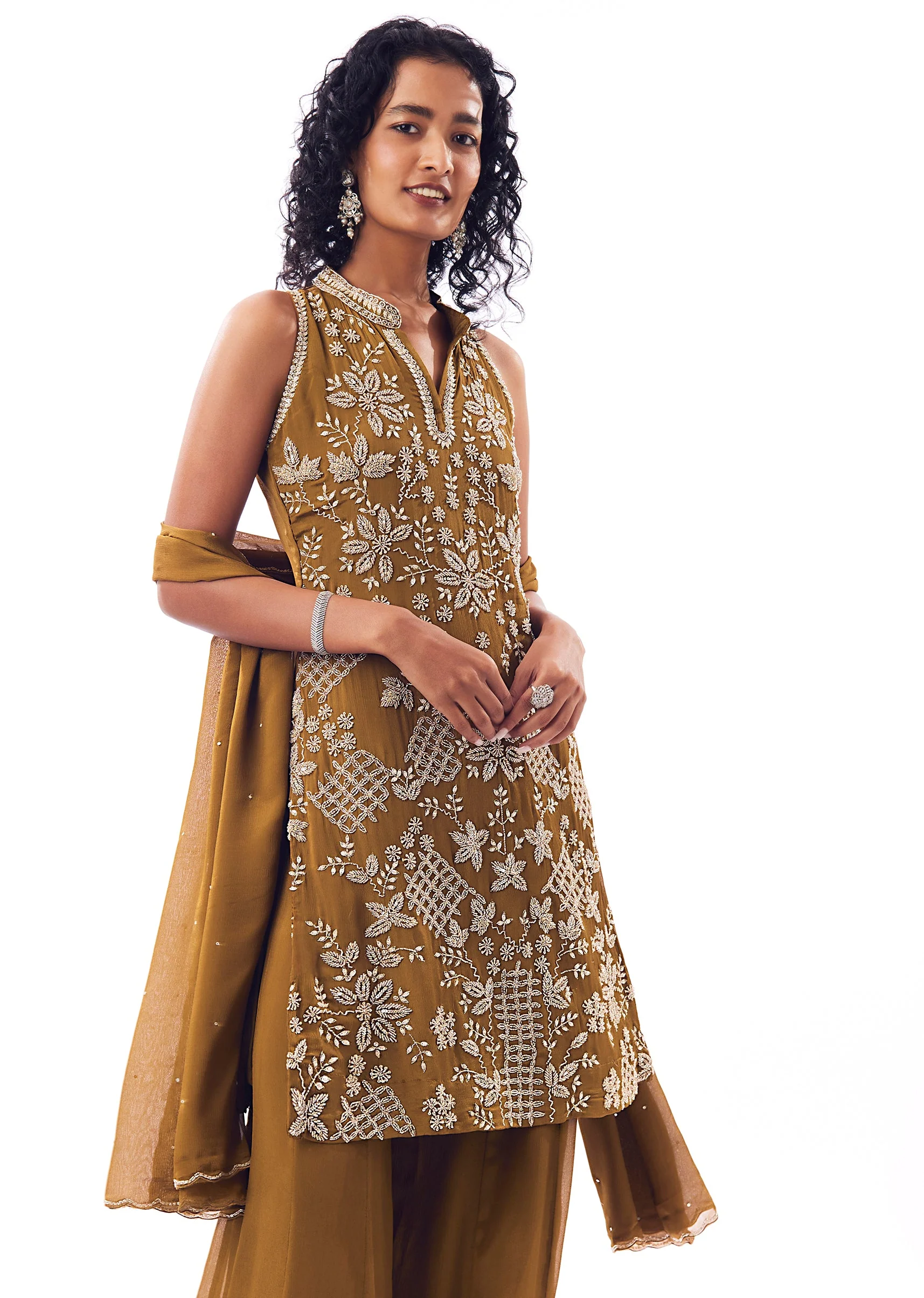 Mustard Yellow Chinon Palazzo Set With Bead Detailing - Image 4