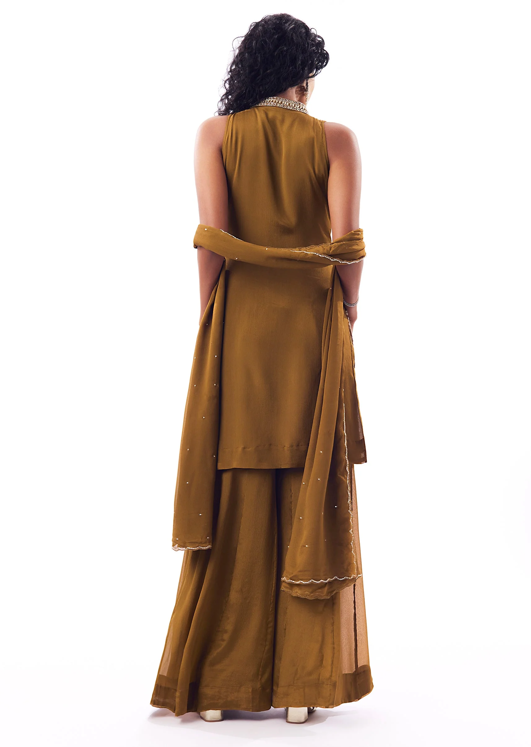 Mustard Yellow Chinon Palazzo Set With Bead Detailing - Image 5