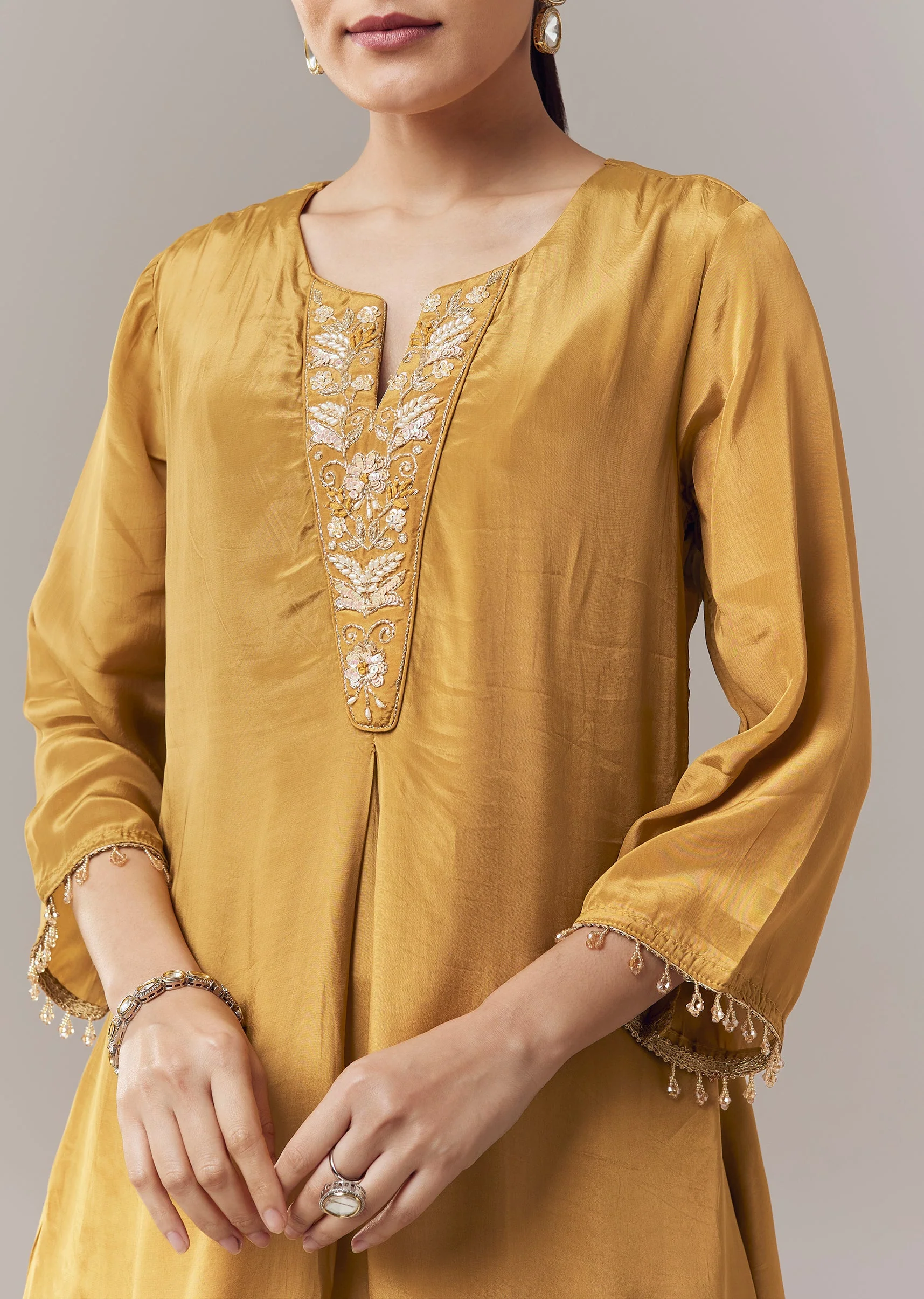 Mustard Yellow Coord Set With Sequins And Zari Work - Image 2