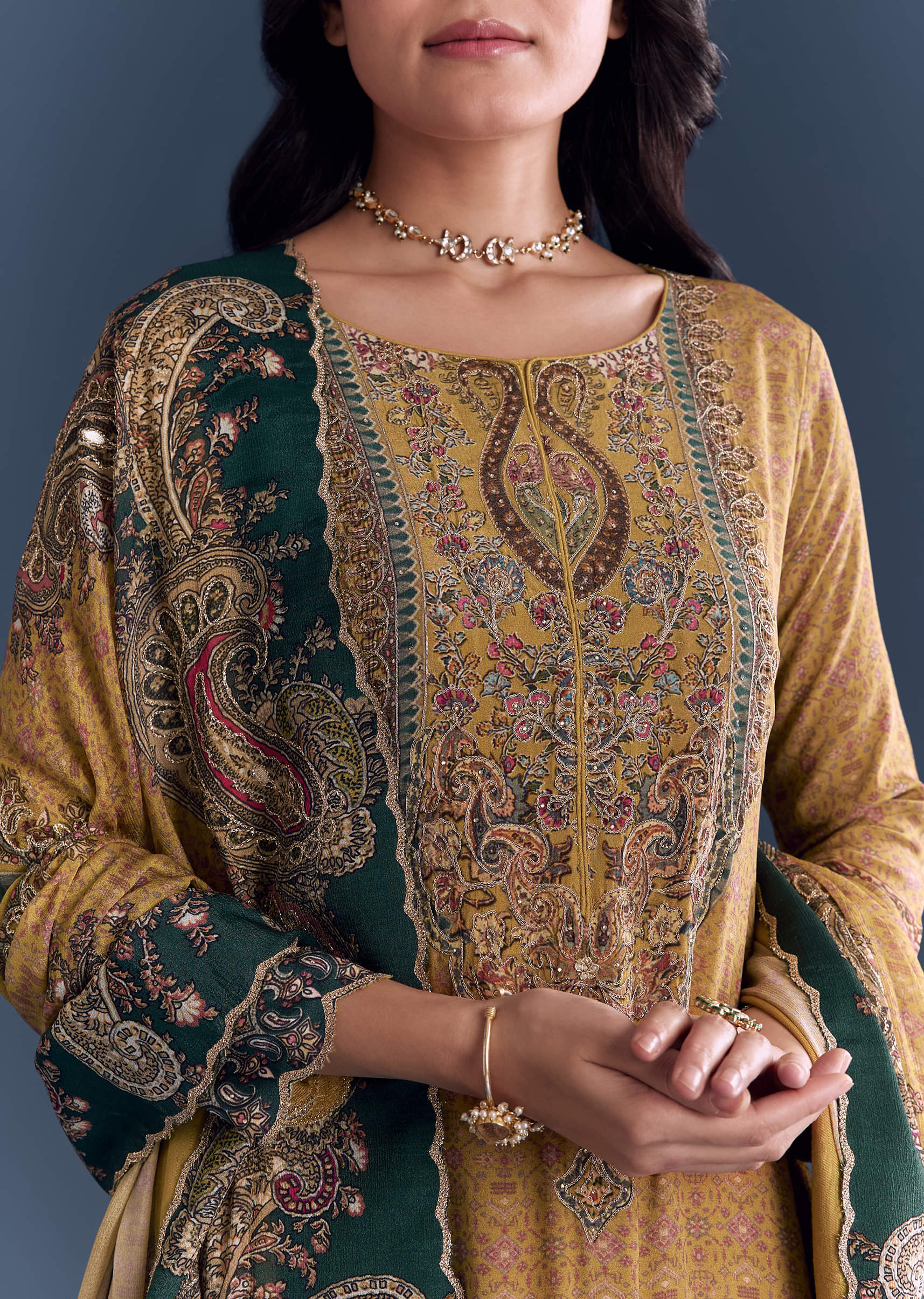 Mustard Yellow Crepe Kurta Set With Paisley And Floral Print - Image 2
