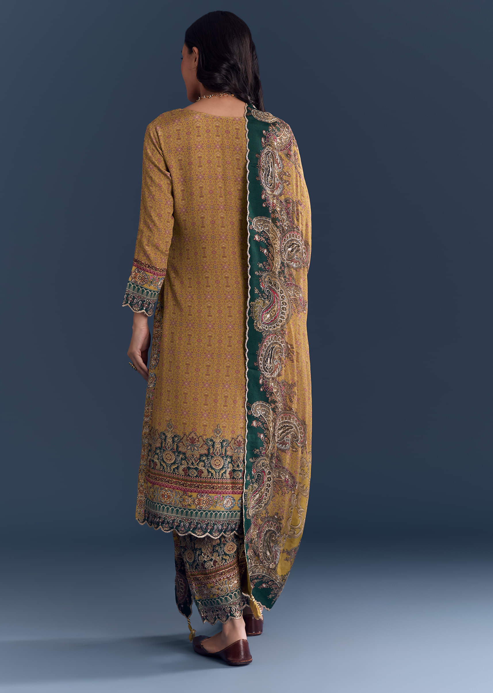 Mustard Yellow Crepe Kurta Set With Paisley And Floral Print - Image 5