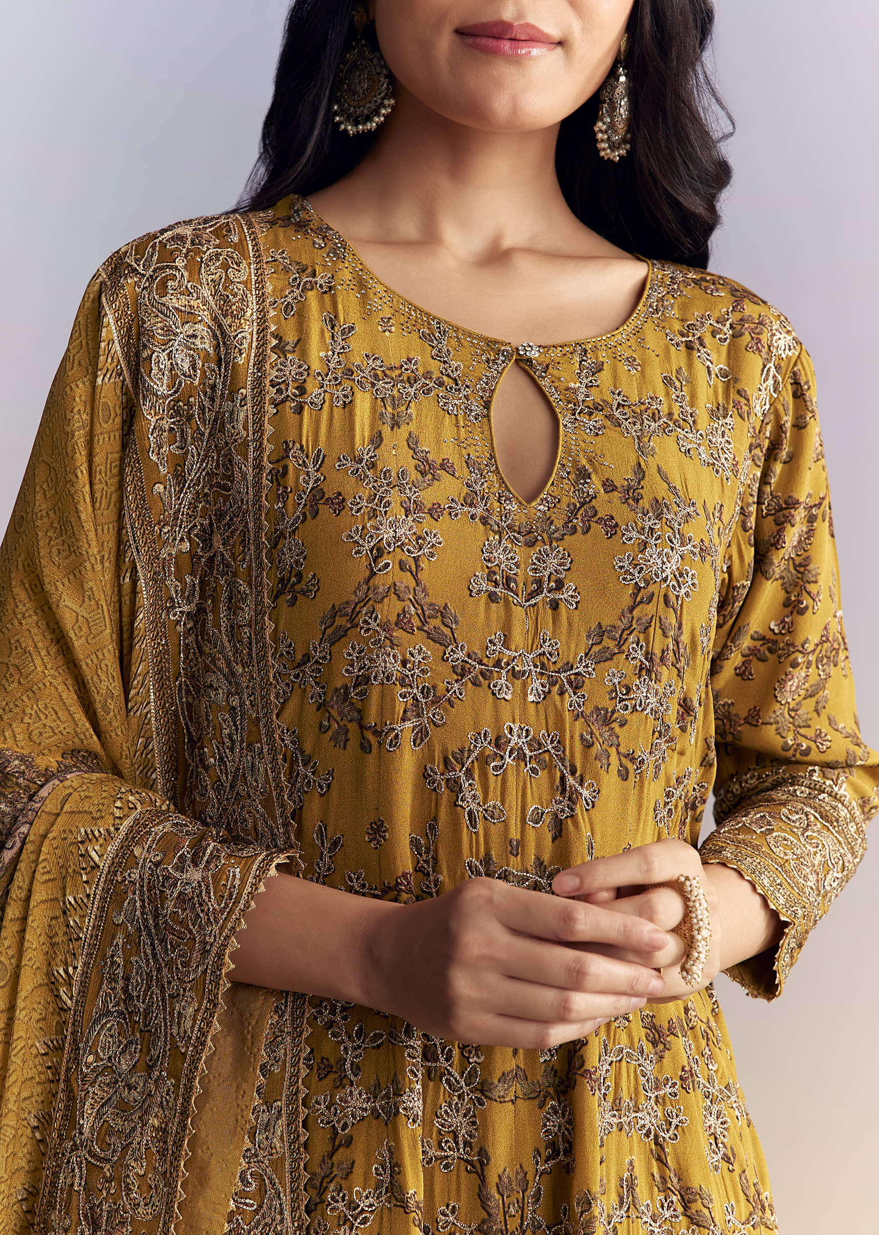 Mustard Yellow Crepe Patiala Suit With Indie Print And Zari Work - Image 2