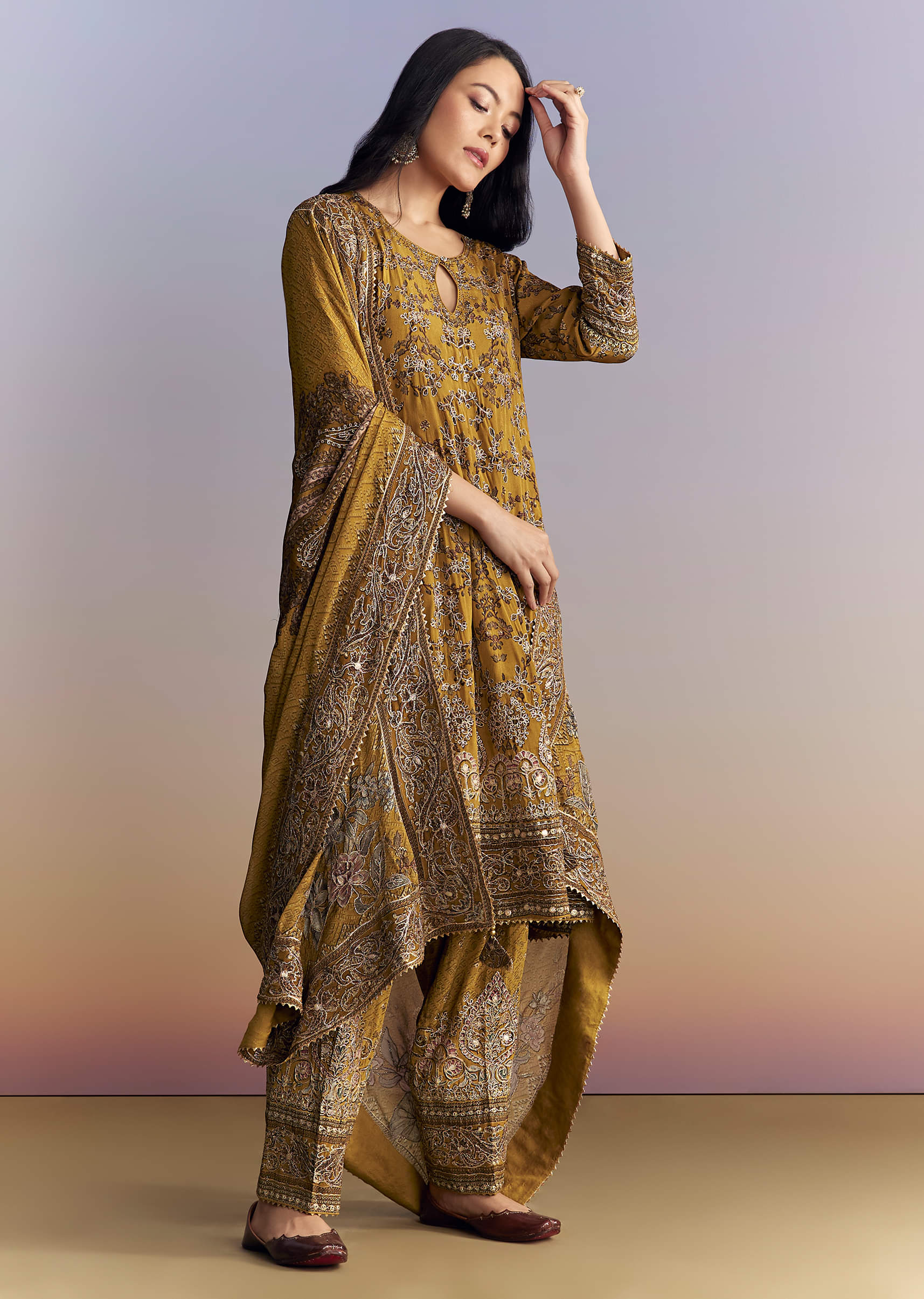 Mustard Yellow Crepe Patiala Suit With Indie Print And Zari Work - Image 3