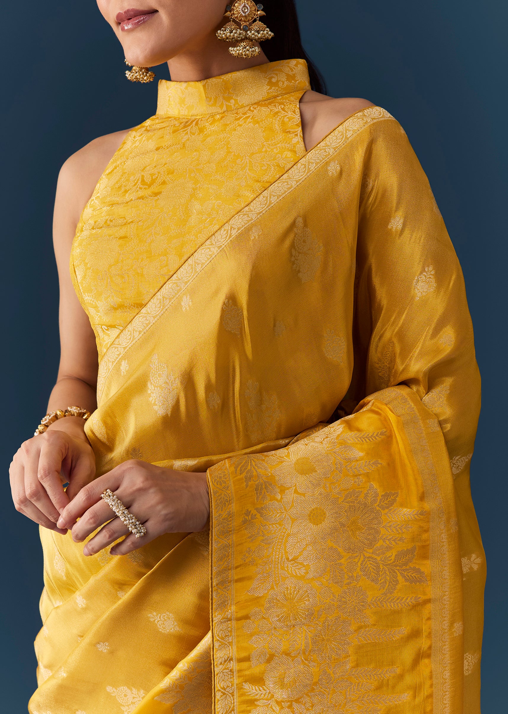 Mustard Yellow Dola Silk Saree with Blouse Fabric - Image 2