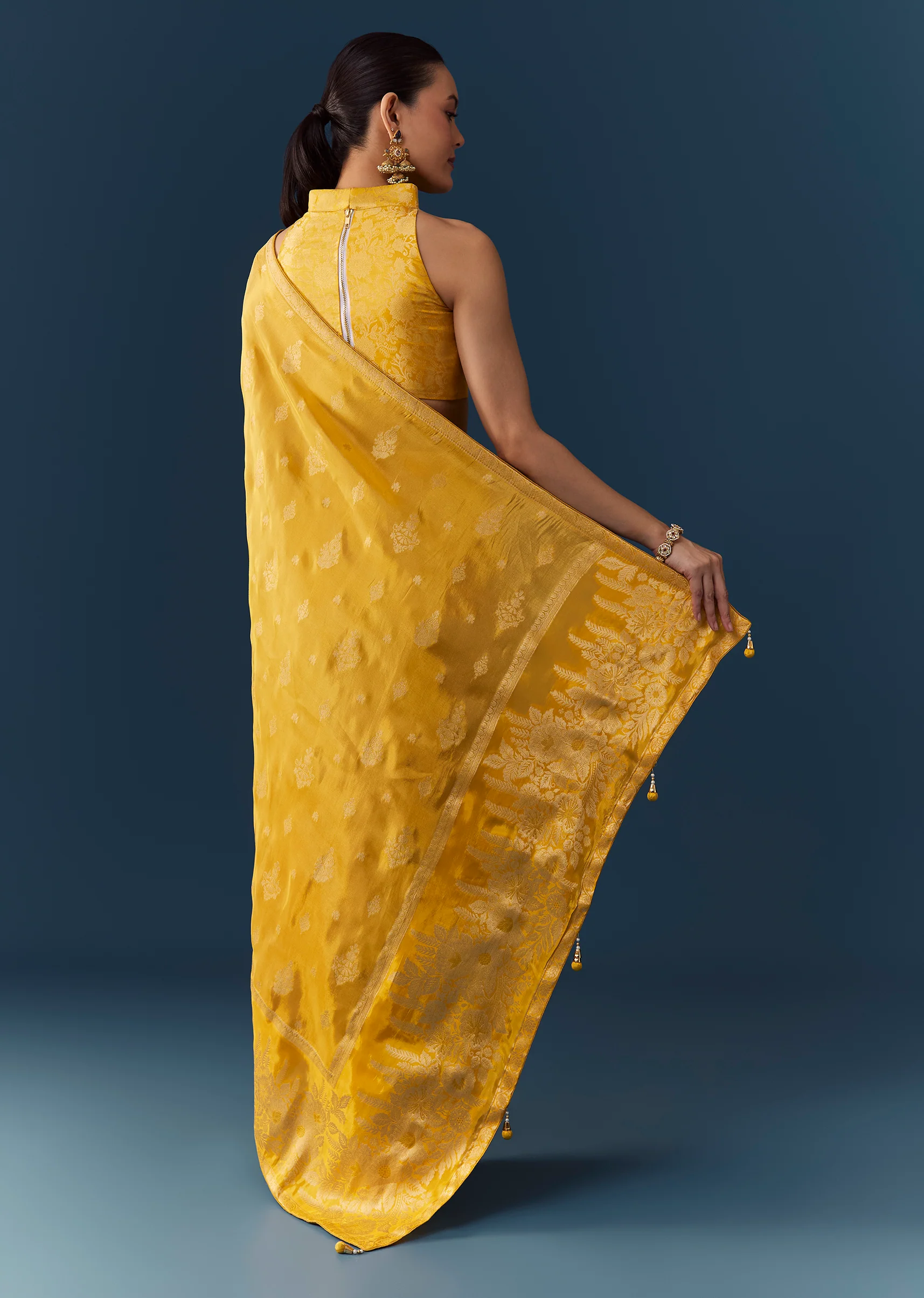 Mustard Yellow Dola Silk Saree with Blouse Fabric - Image 4