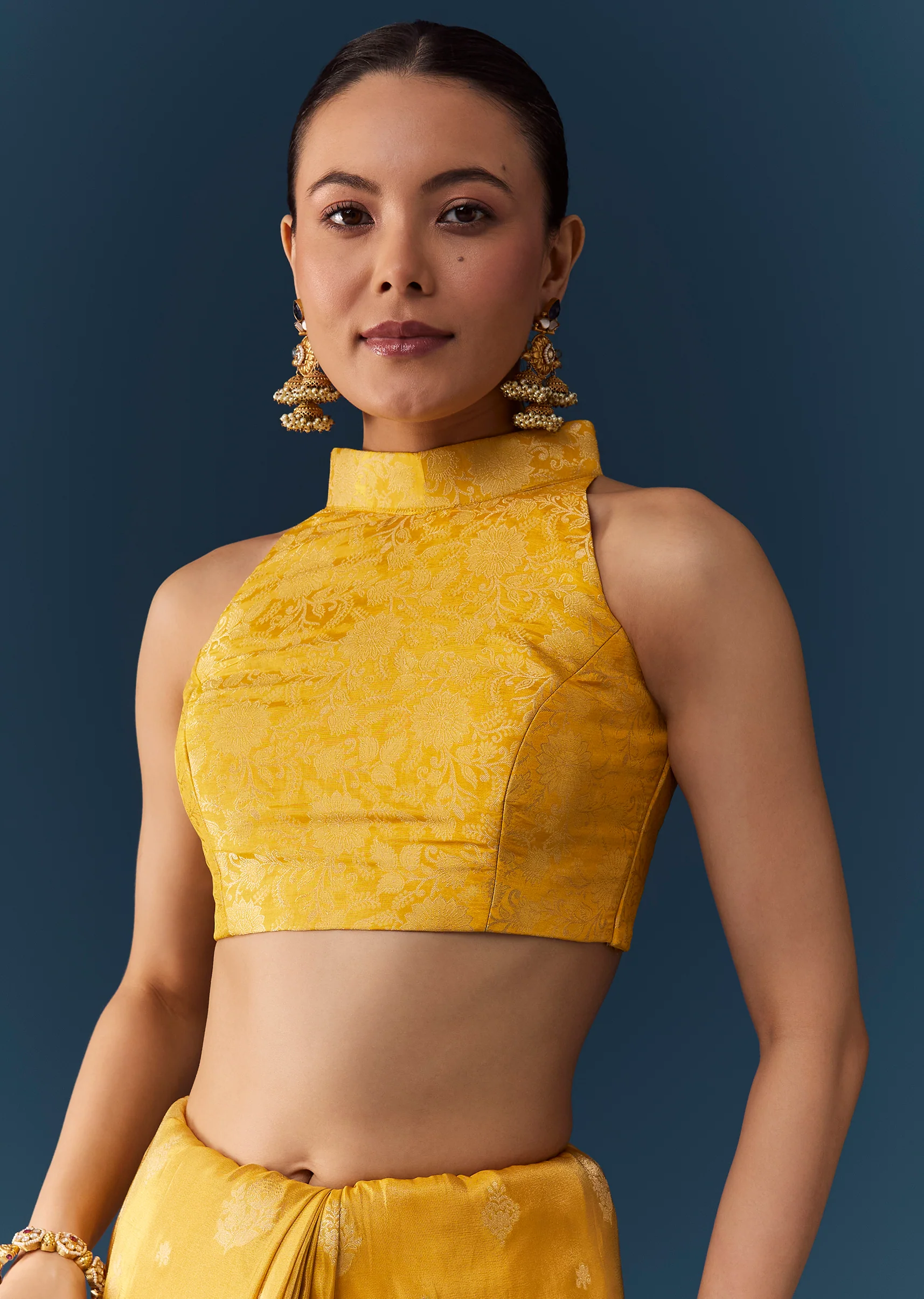 Mustard Yellow Dola Silk Saree with Blouse Fabric - Image 7