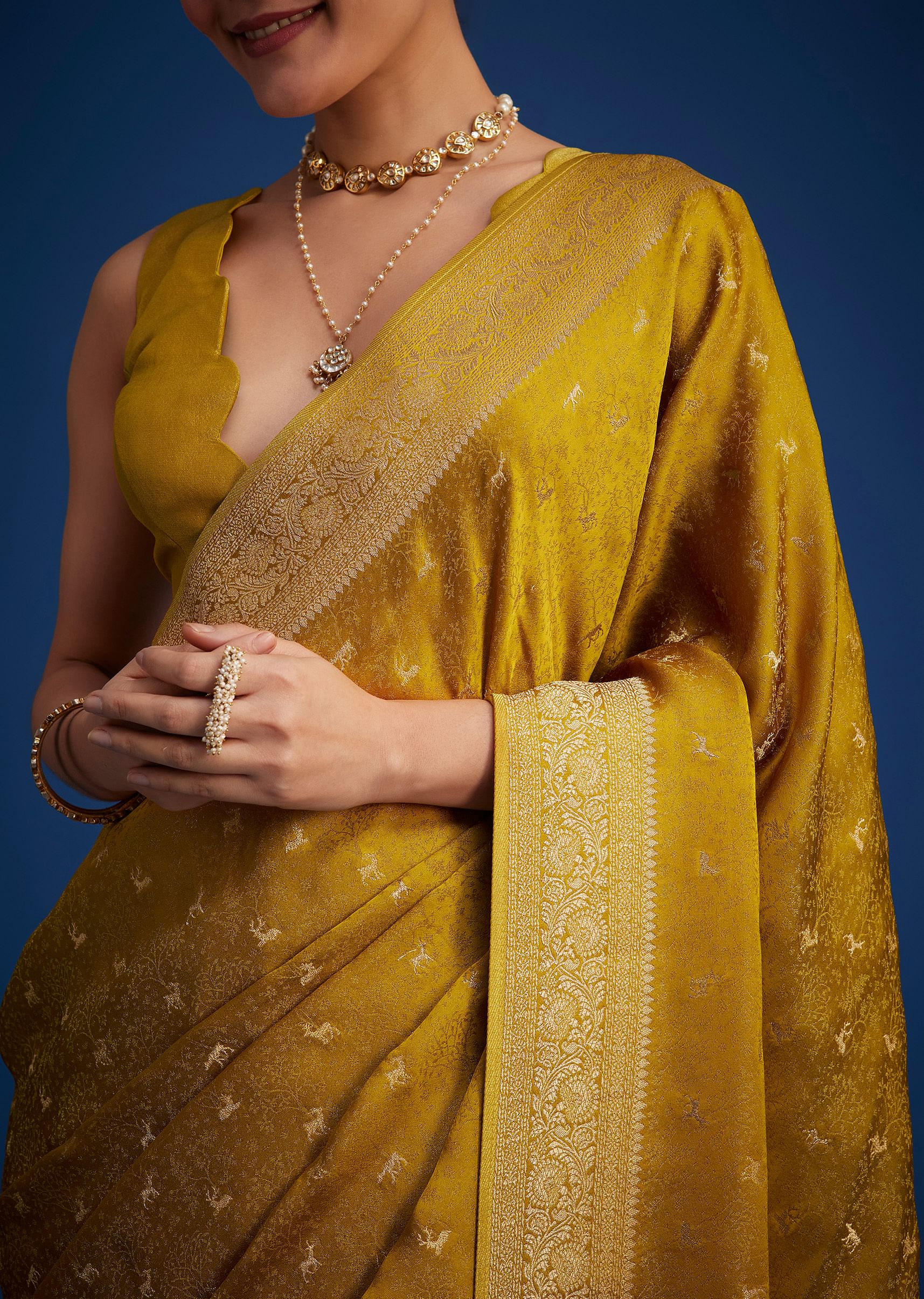 Mustard Yellow Dola Silk Saree With Woven Patterns - Image 2
