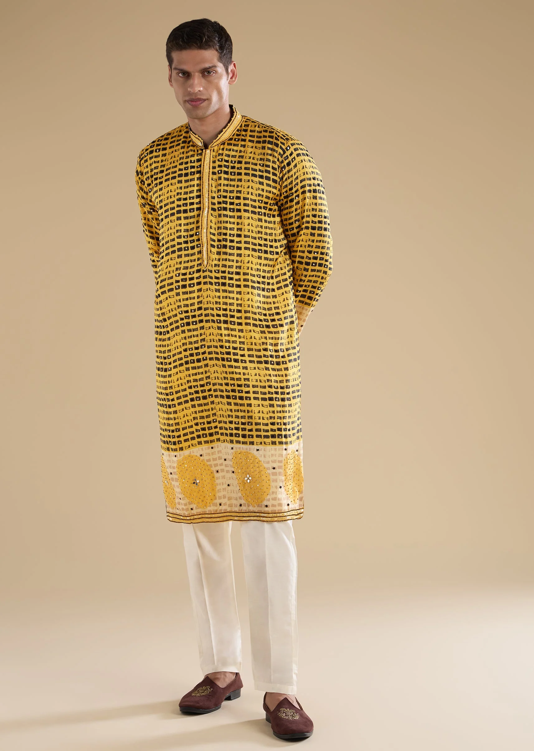Mustard Yellow Embroidered Rawsilk Kurta Set