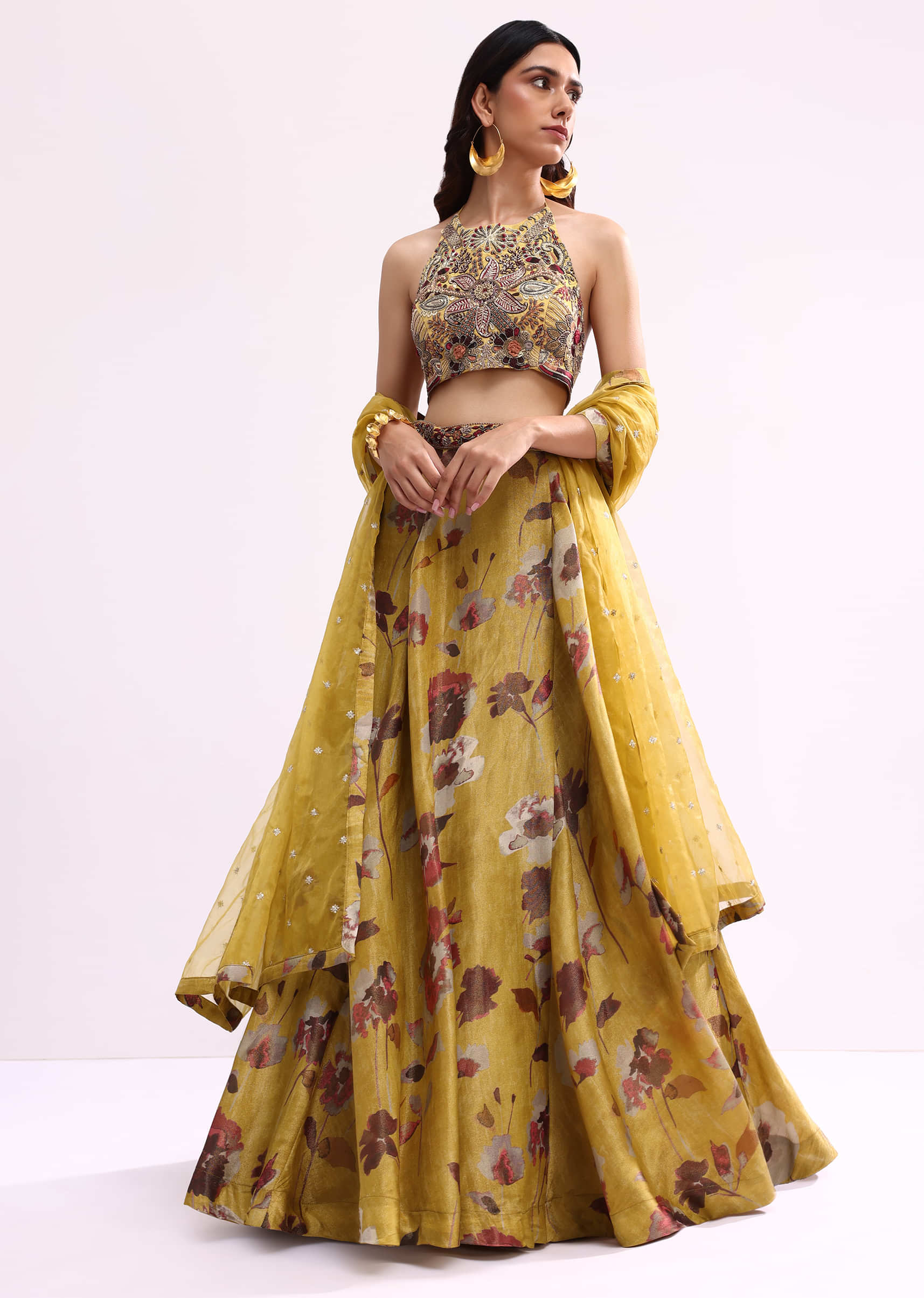 Mustard Yellow Embroidered Tissue Lehenga Choli Set - Image 3