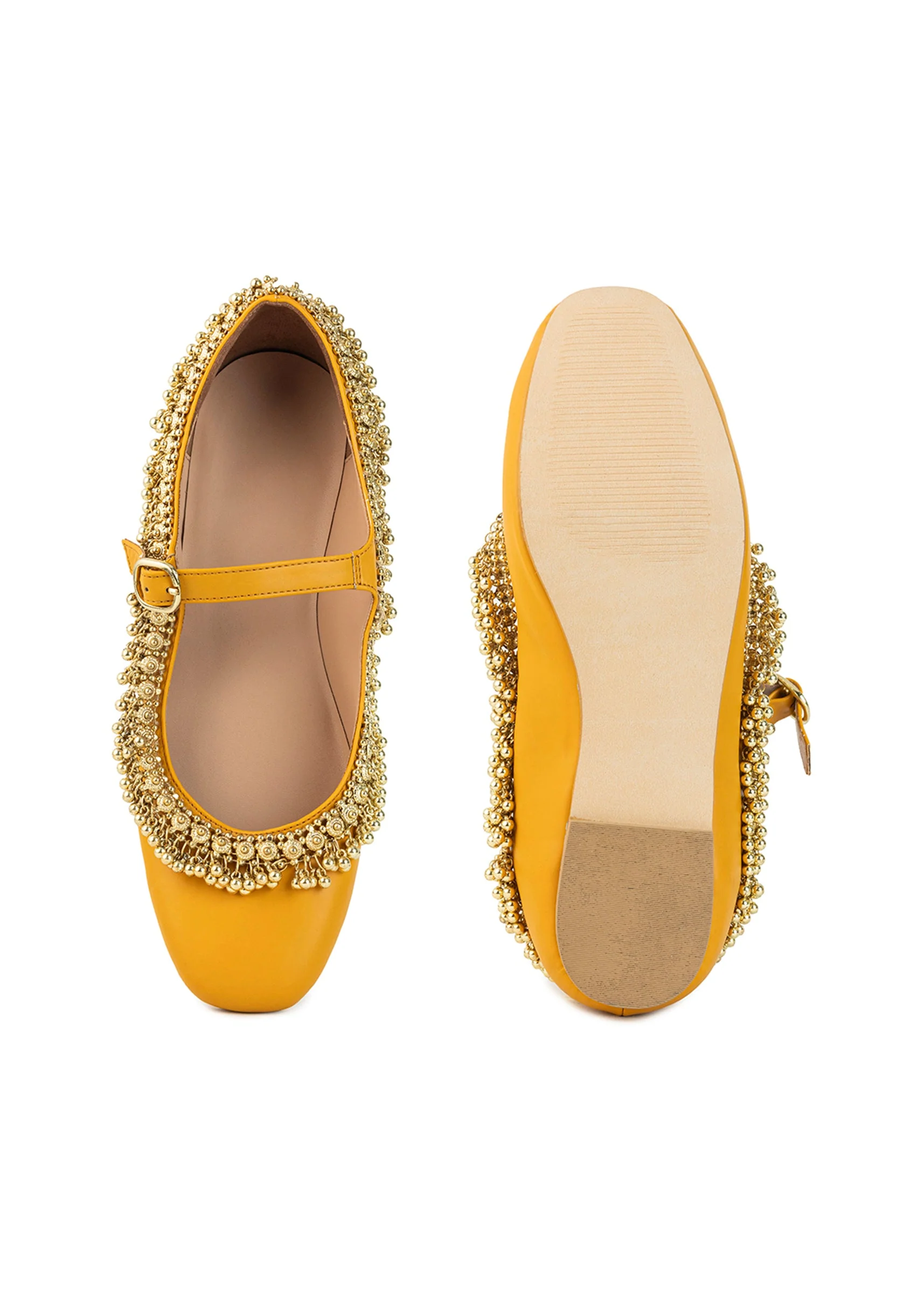 Mustard Yellow Faux Leather Bead Embellished Juttis - Image 4