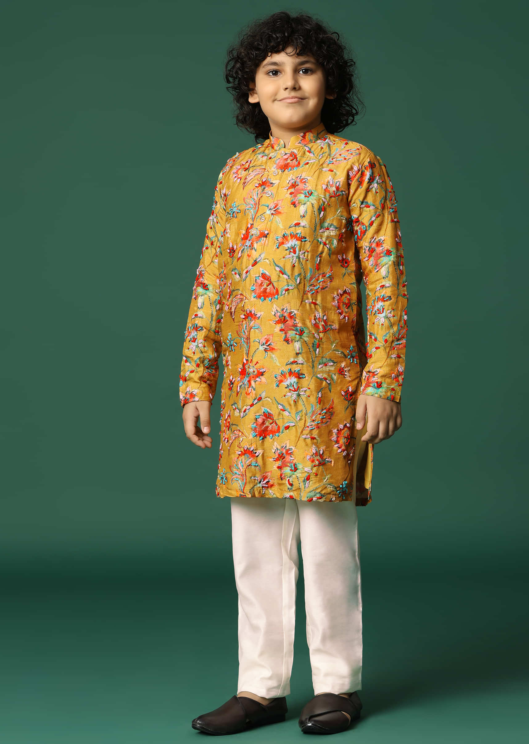 Mustard Yellow Floral Kurta Pant With Resham Work For Boys - Image 3