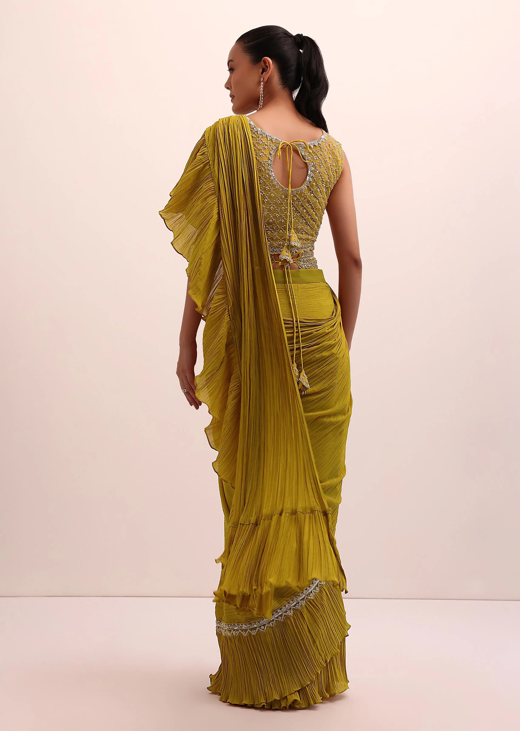 Mustard Yellow Georgette Pre Stitched Frill Saree With Embellished Blouse - Image 6
