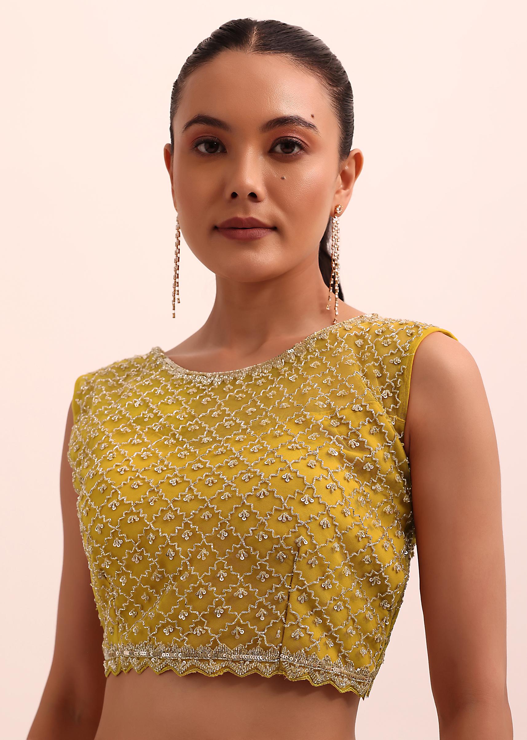 Mustard Yellow Georgette Pre Stitched Frill Saree With Embellished Blouse - Image 8