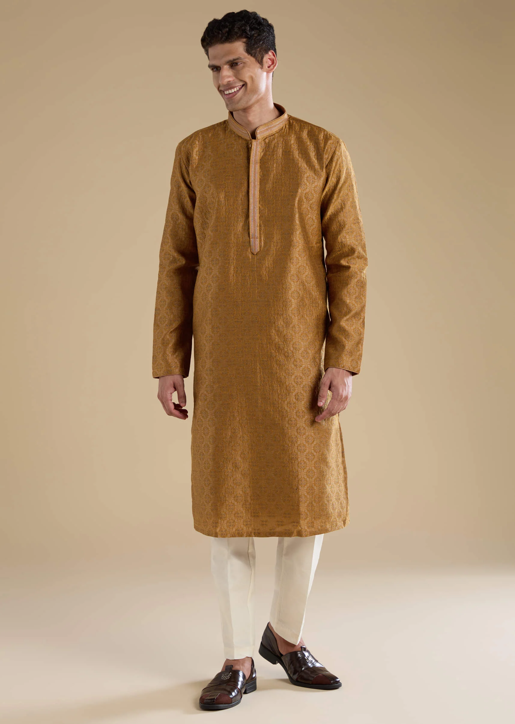 Mustard Yellow Jacquard Kurta Set - Image 2