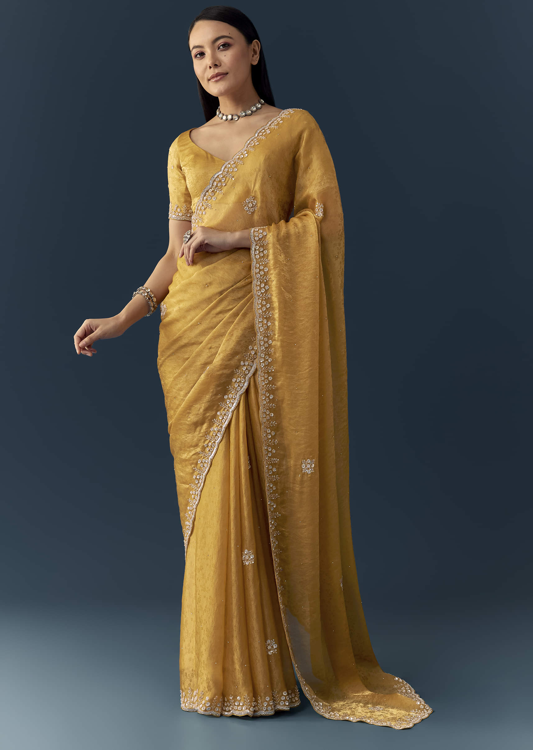 Mustard Yellow Jacquard Printed Tissue Saree with Unstitched Blouse - Image 3