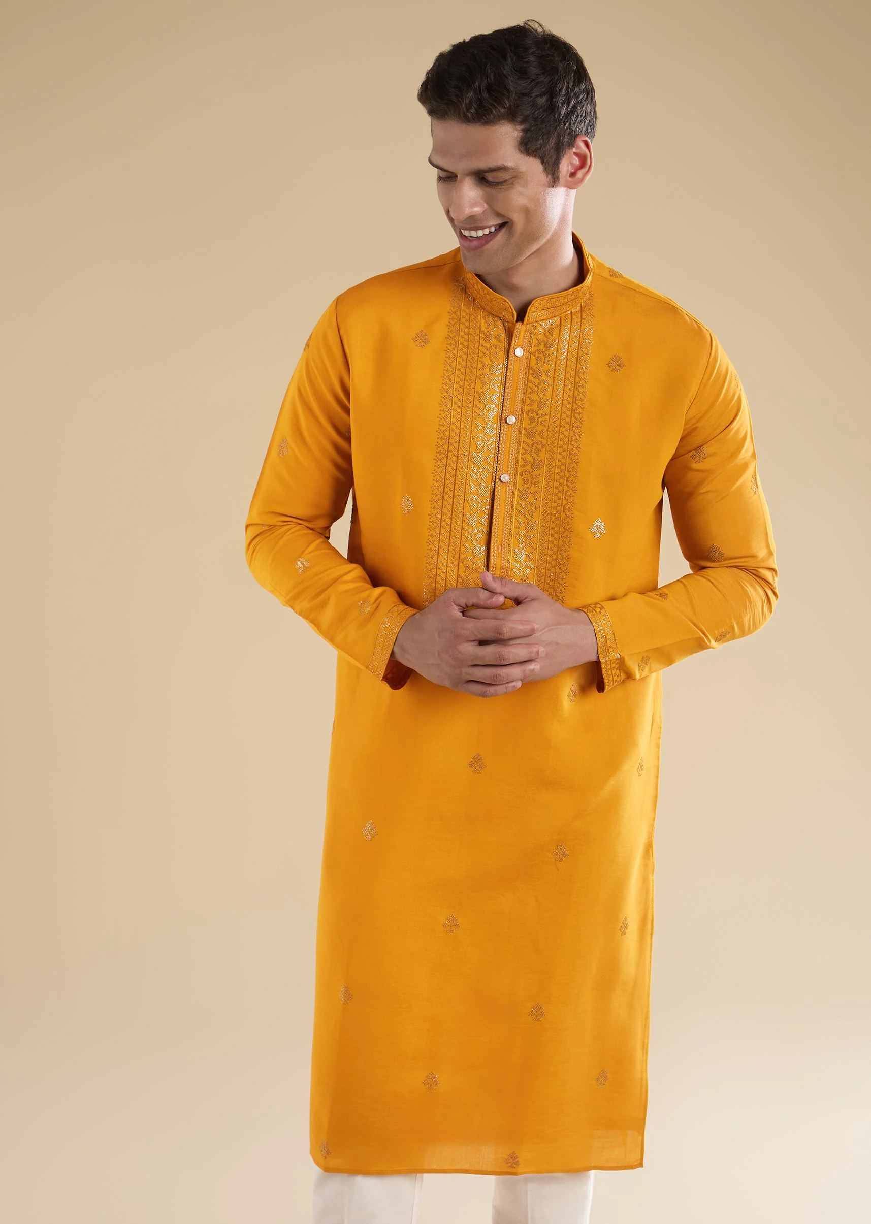 Mustard Yellow Kurta Set With Sequin Detail - Image 3