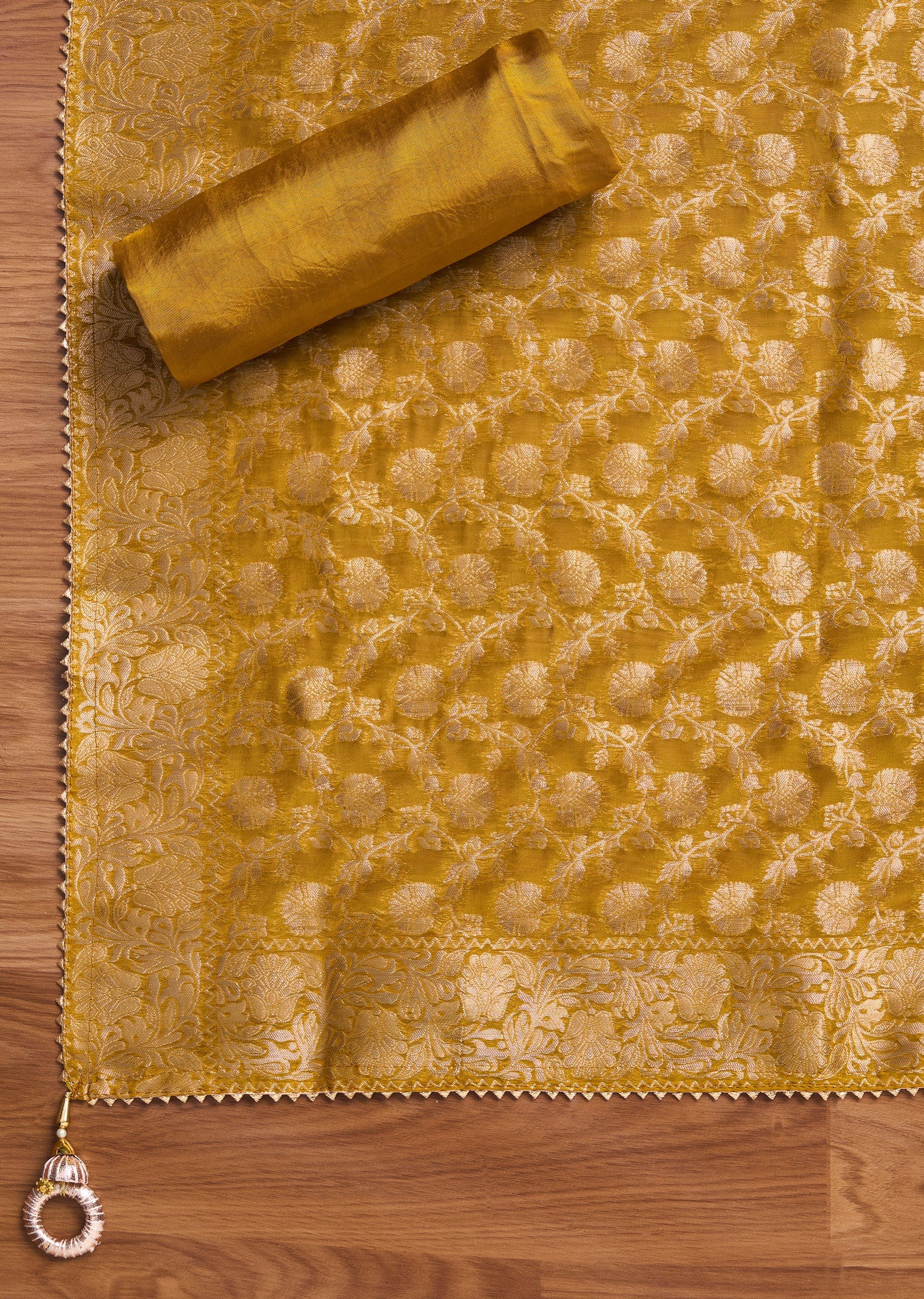 Mustard Yellow Organza Brocade Unstitched Suit Set - Image 5