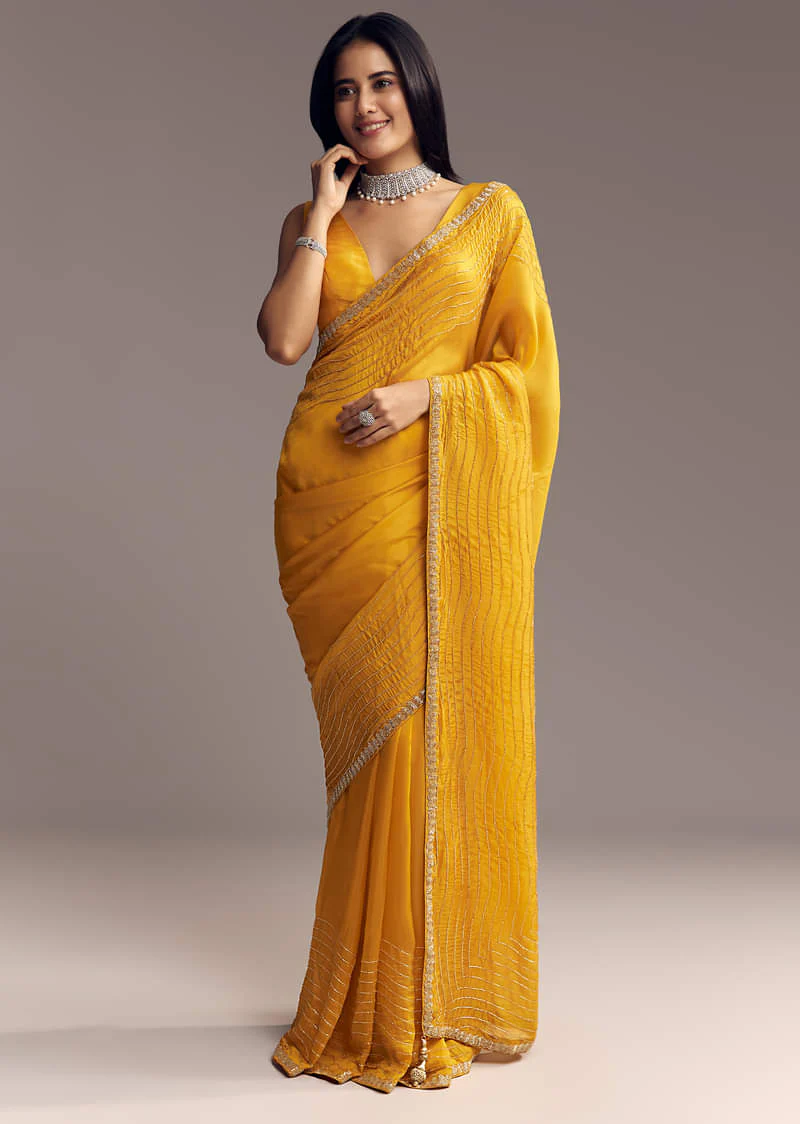 Mustard Yellow Organza Saree With Scallop Border And Stone Work - Image 2
