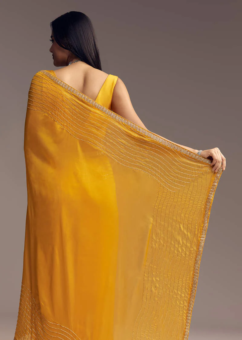 Mustard Yellow Organza Saree With Scallop Border And Stone Work - Image 4