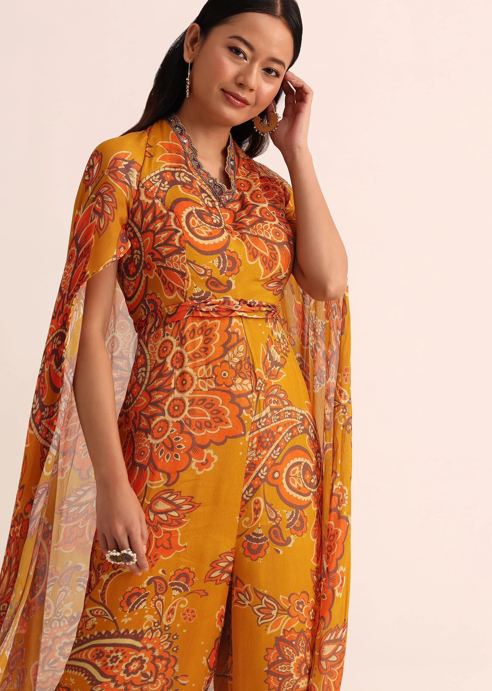 Mustard Yellow Printed Chiffon Jumpsuit - Image 4